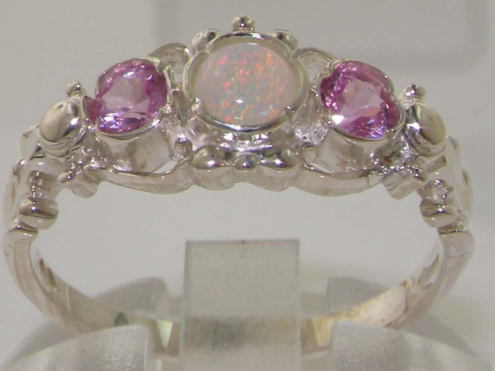 10k White Gold Genuine Opal & Pink Tourmaline Women's Band Ring - Elegant Stackable Ring for Everyday Wear, Anniversary Gift, Wedding Jewelry | LetsBuyGold