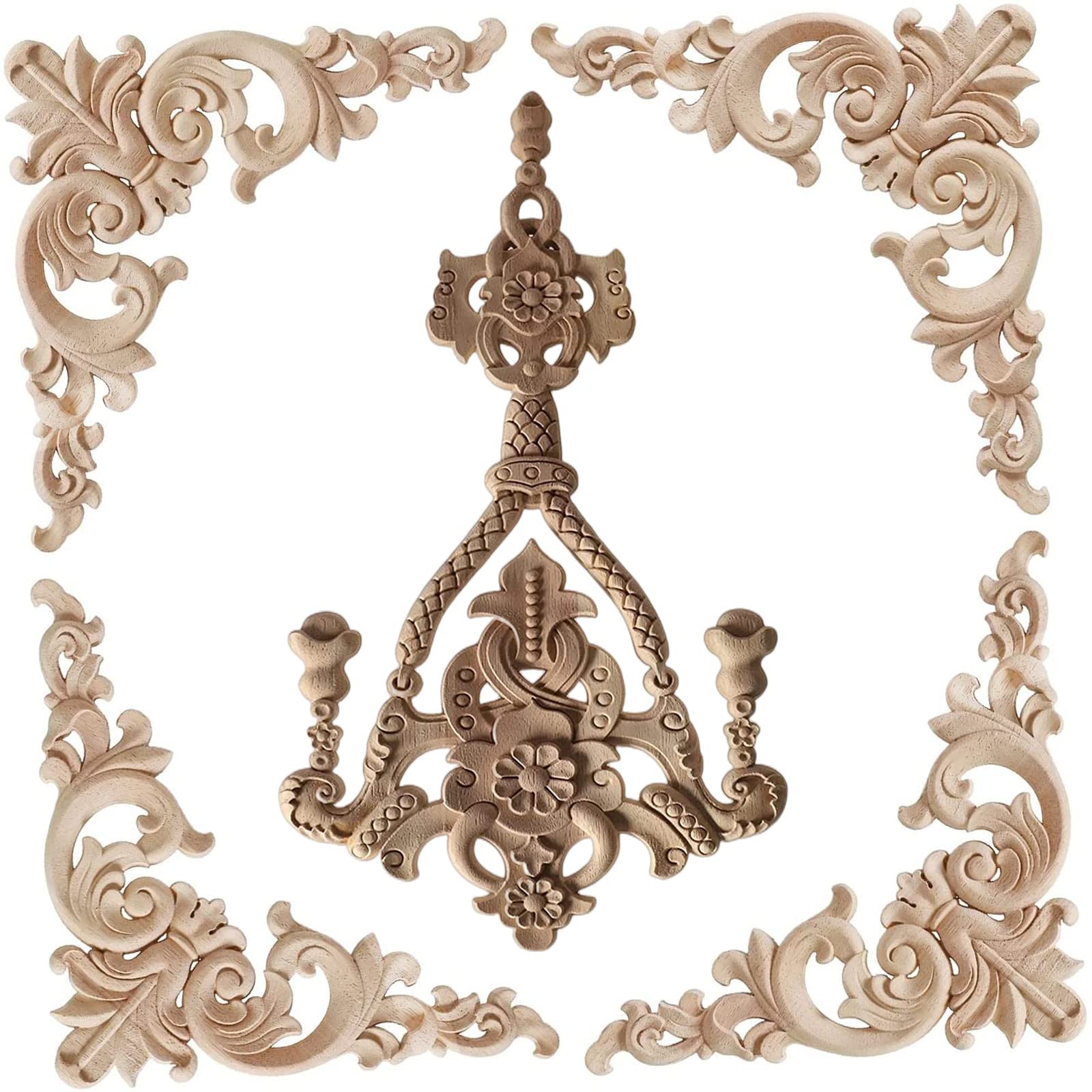 5PCS Unfinished Wood Appliques - Hand-Carved Decorative Onlays for Furniture, Cabinets, Doors & Wardrobes - Elegant Wood Carving Decor for Home Improvement & DIY Projects