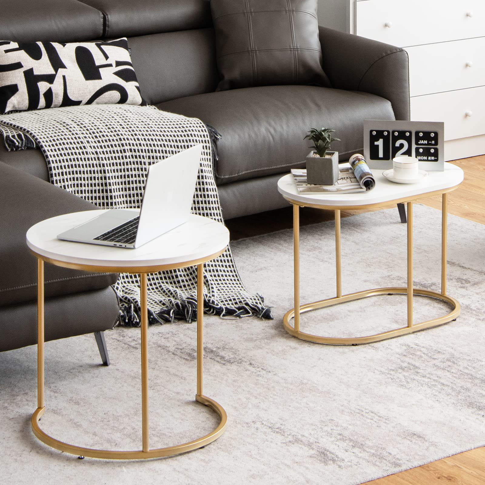 Giantex Modern Nesting Coffee Table Set of 2 - Gold Steel Frame & Marble-Look Top, Easy Assembly Accent Tables for Living Room, Bedroom, Apartment - Perfect for Small Spaces & Stylish Home Decor