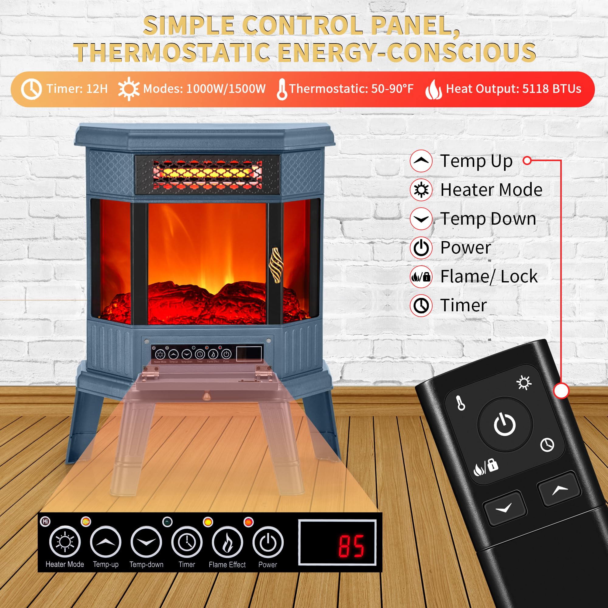 RealSmart 22-inch Freestanding Electric Fireplace Heater with 3D Flame Effect, Remote Control, Timer & Overheating Protection - Blue - Perfect for Bedroom, Living Room & Office Warmth