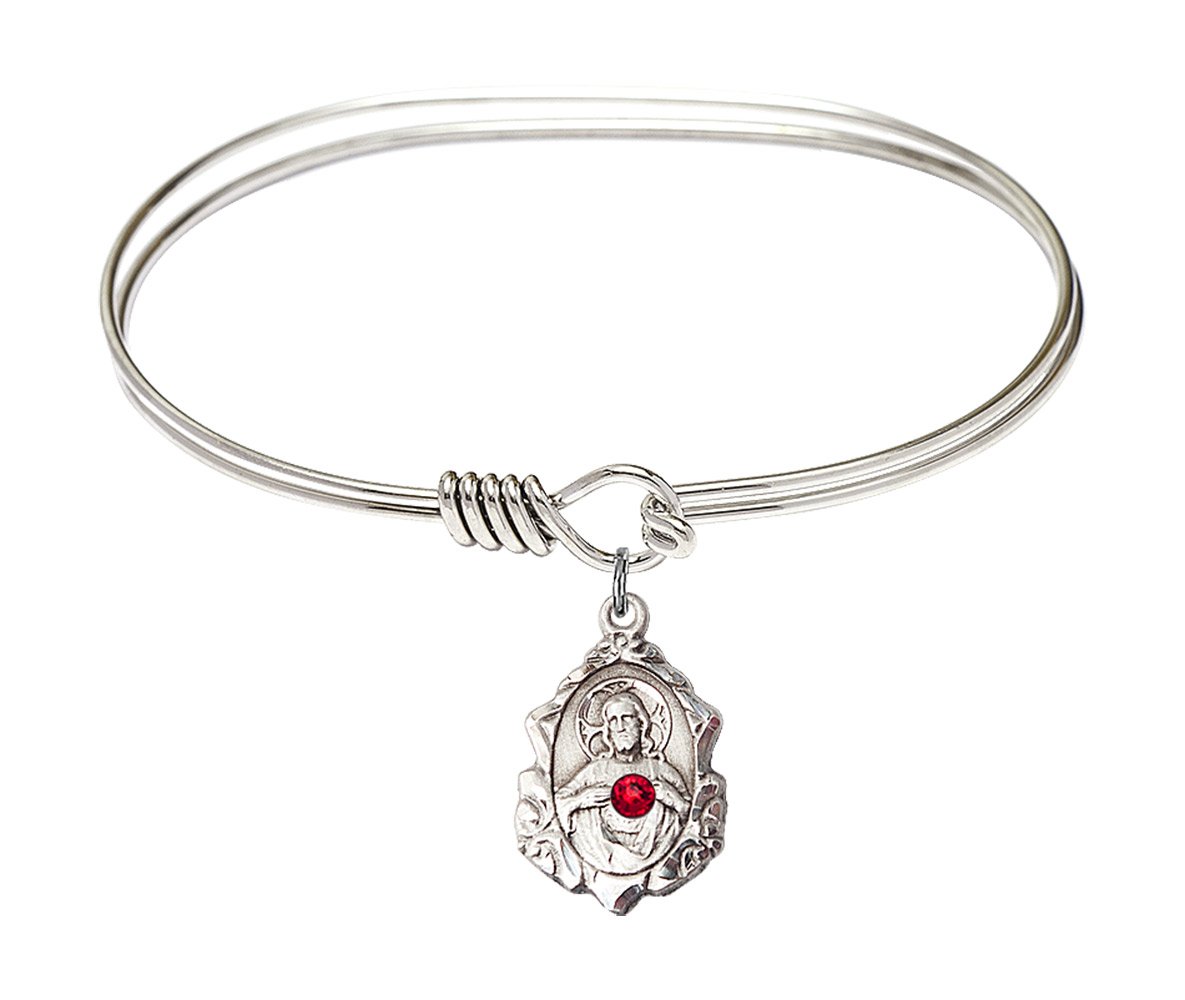 7 Inch Oval Eye Hook Bangle Bracelet with Scapular Medal Charm & July Red Crystal - Elegant Religious Jewelry for Women, Perfect for Church, Weddings, and Special Occasions