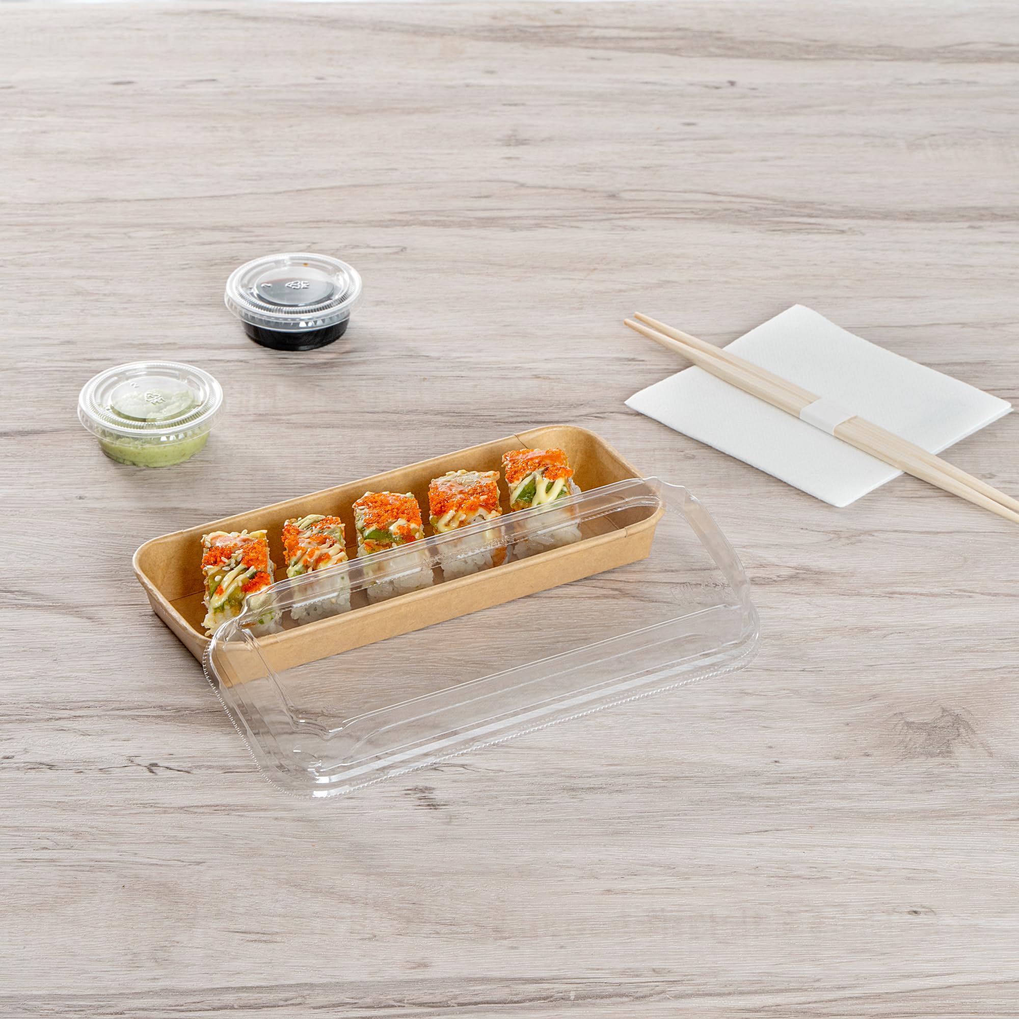 Matsuri Vision 8.8 x 3.7 x 1.2 Inch Clear Plastic Dome Lids for Sushi Containers - 50 Pack Airtight No-Fog Lids (Containers Sold Separately) | Perfect for Sushi Restaurants, Catering, Takeout & Food Storage
