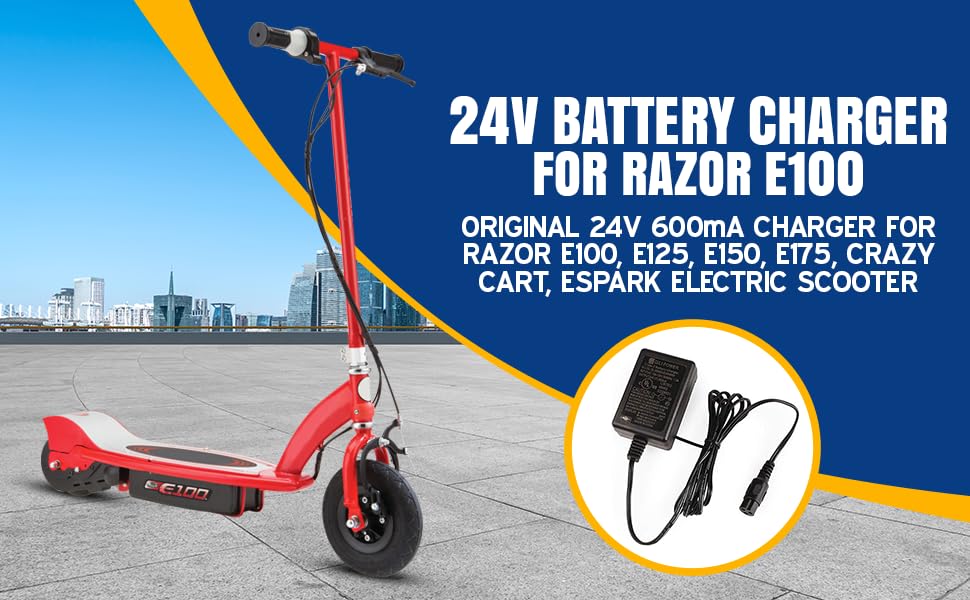 Original 24V 600mA Battery Charger for Razor E100 E125 E150 E175 Electric Scooter - Compact Replacement Charger for Crazy Cart eSpark - Perfect for Home, Park & Neighborhood Riding