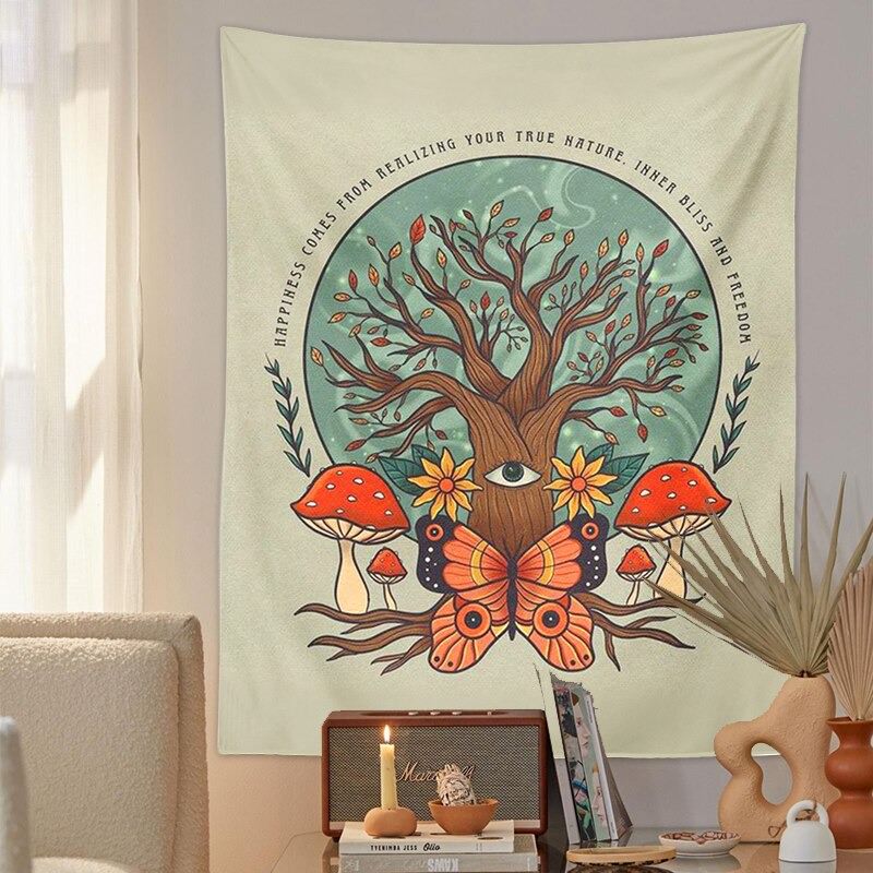 Butterfly, Mushroom and Tree Tapestry Wall Hanging - Nature Inspired Boho Decor for Bedroom, Living Room, Dorm (60x50 inches)