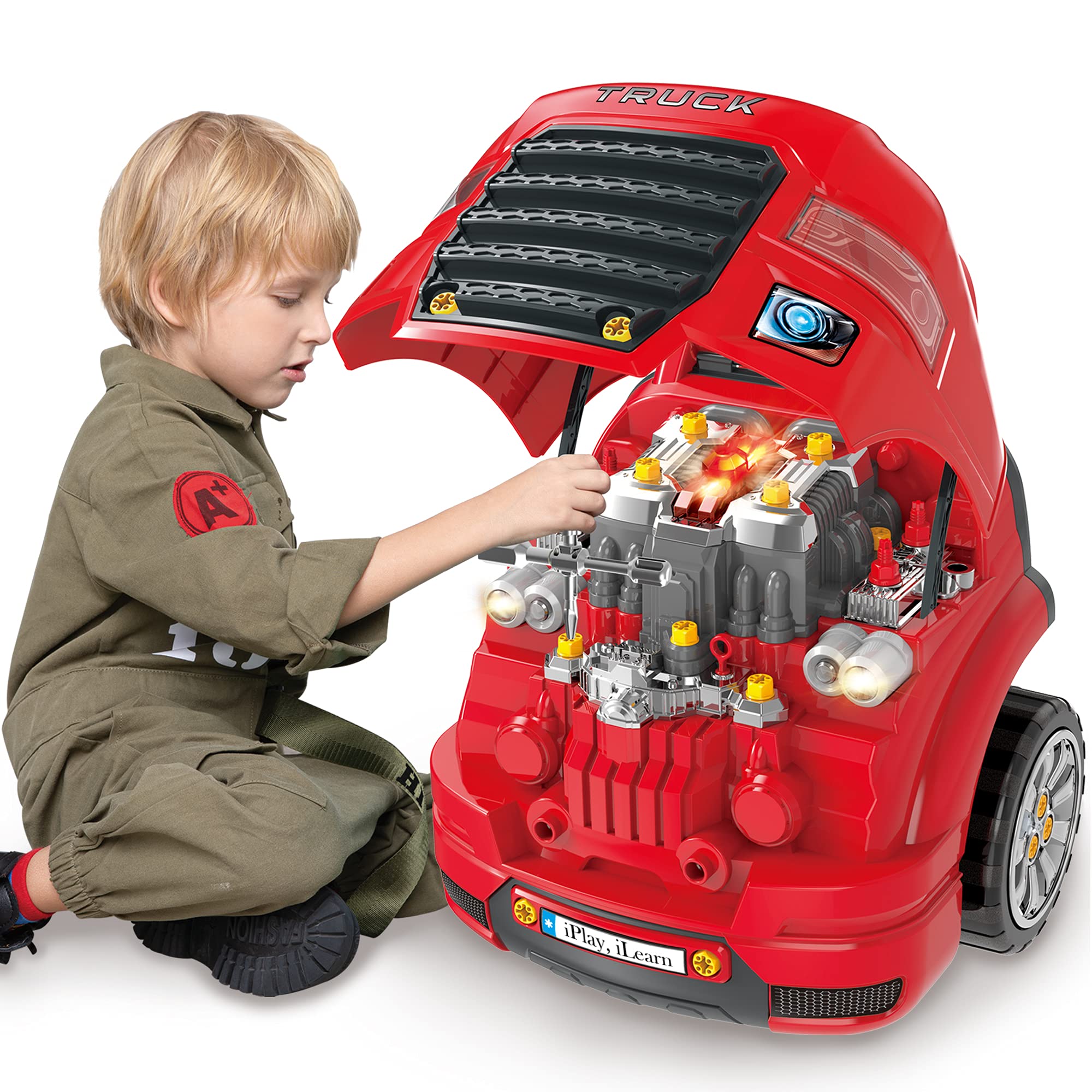 iPlay iLearn Large Truck Engine Toy for Kids - Take Apart Mechanic Repair Set, Pretend Play Car Service Station for Toddlers Ages 3-8 - Educational STEM Building Kit for Boys & Girls - Perfect Birthday Gift & Learning Toy for Preschoolers (Great for Role Play, STEM Learning & Motor Skill Development)