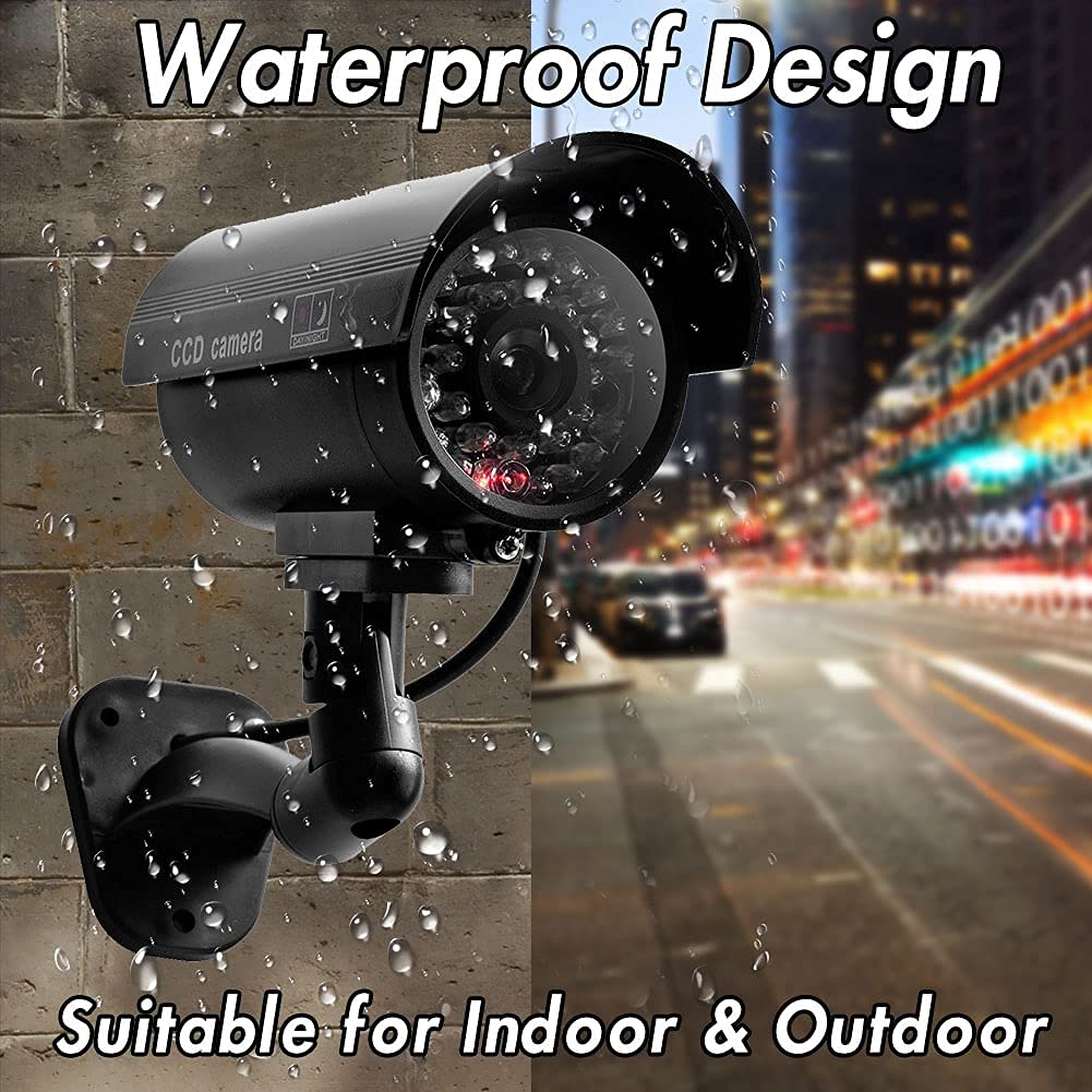 **4 Pack Fake Security Camera with No Trespassing Signs - Dummy Surveillance Camera with Realistic LED Red Light & Warning Stickers - Indoor/Outdoor Use for Home, Yard, Garage, Office (Set of 8)**
