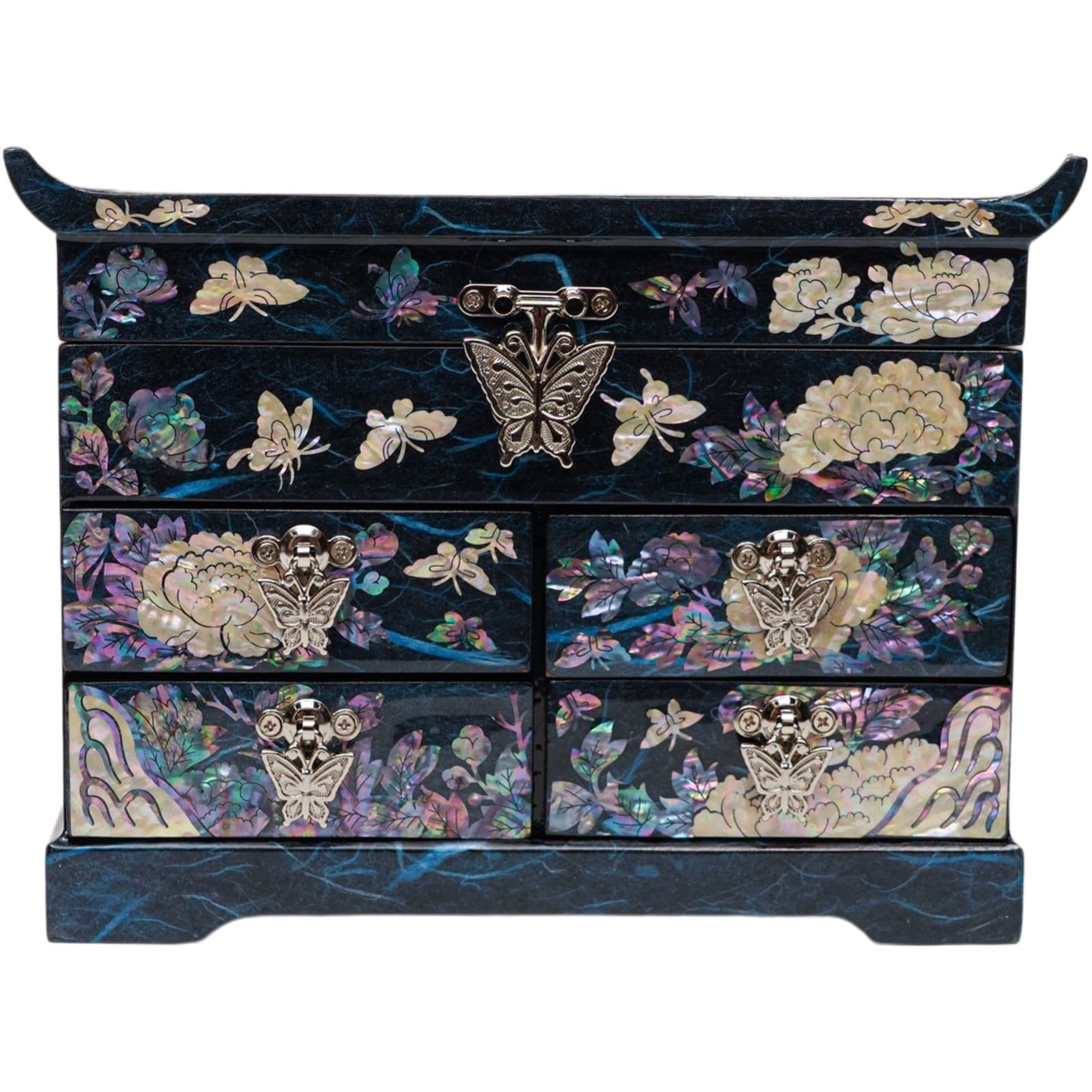 February Mountain Mother of Pearl Wooden Jewelry Organizer Box - Elegant Jewelry Storage for Women with Spacious Drawers, Perfect for Rings, Bracelets, Watches & Necklaces | Great for Bedroom Vanity, Dresser Top or Travel Jewelry Case (Peony Blue)
