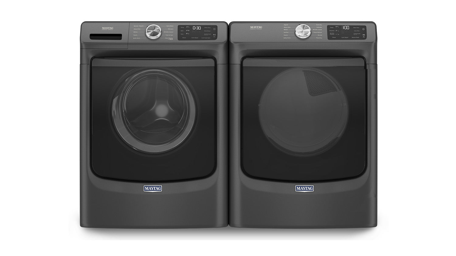 Maytag Volcano Black 5.2 cu. ft. Front Load Washer & 7.3 cu. ft. Gas Dryer Set (MHW5630MBK/MGD6630MBK) - Energy Efficient Laundry Solution for Large Families & Heavy Duty Cleaning