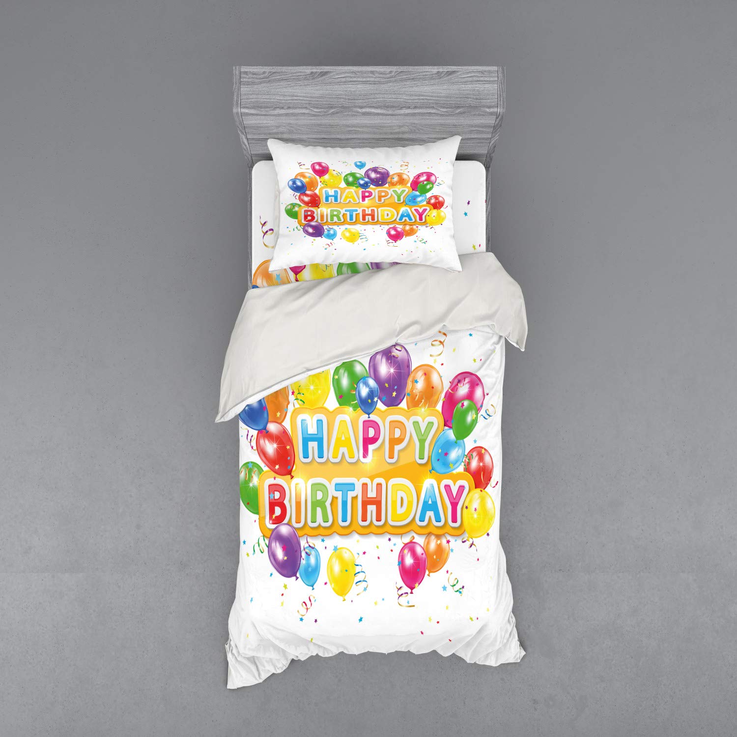 Ambesonne Happy Birthday Duvet Cover Set - 3 Piece Twin XL Bedding with Sham & Fitted Sheet - Vibrant Balloon Print Multicolor Design for Birthday Celebrations & Party Room Decor
