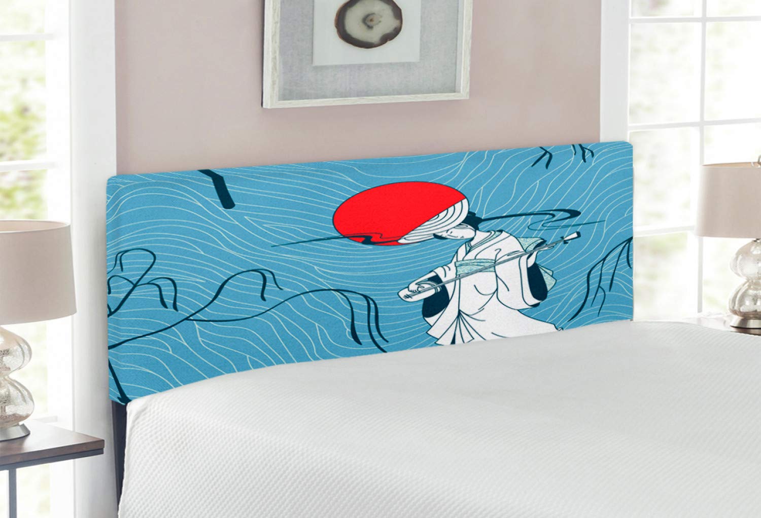 Lunarable Asian Style Headboard - Japanese Kimono Girl Playing Traditional Musical Instrument, Upholstered Decorative Metal Bed Frame with Memory Foam, Full Size in Blue White Red - Perfect for Bedroom Decor & Cultural Theme Interior Design