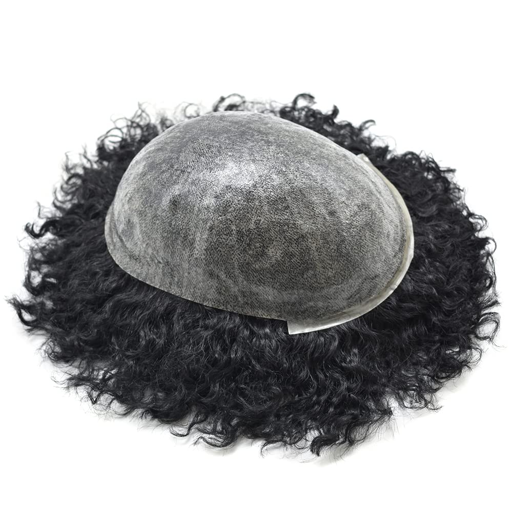 **Afro Curly Men's Toupee - Full Poly African American Hairpiece with Injected PU Skin - Kinky Curly Wigs for Black Men (8x10, Jet Black -10mm) - Perfect for Daily Wear, Cosplay & Special Events**