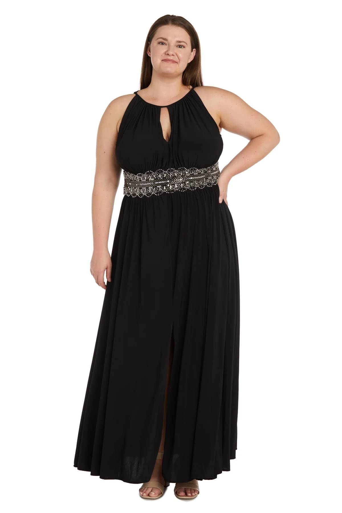 RM Richards Women's Plus Size Beaded Waist Halter Evening Gown - Elegant Formal Dress for Prom, Wedding & Special Occasions