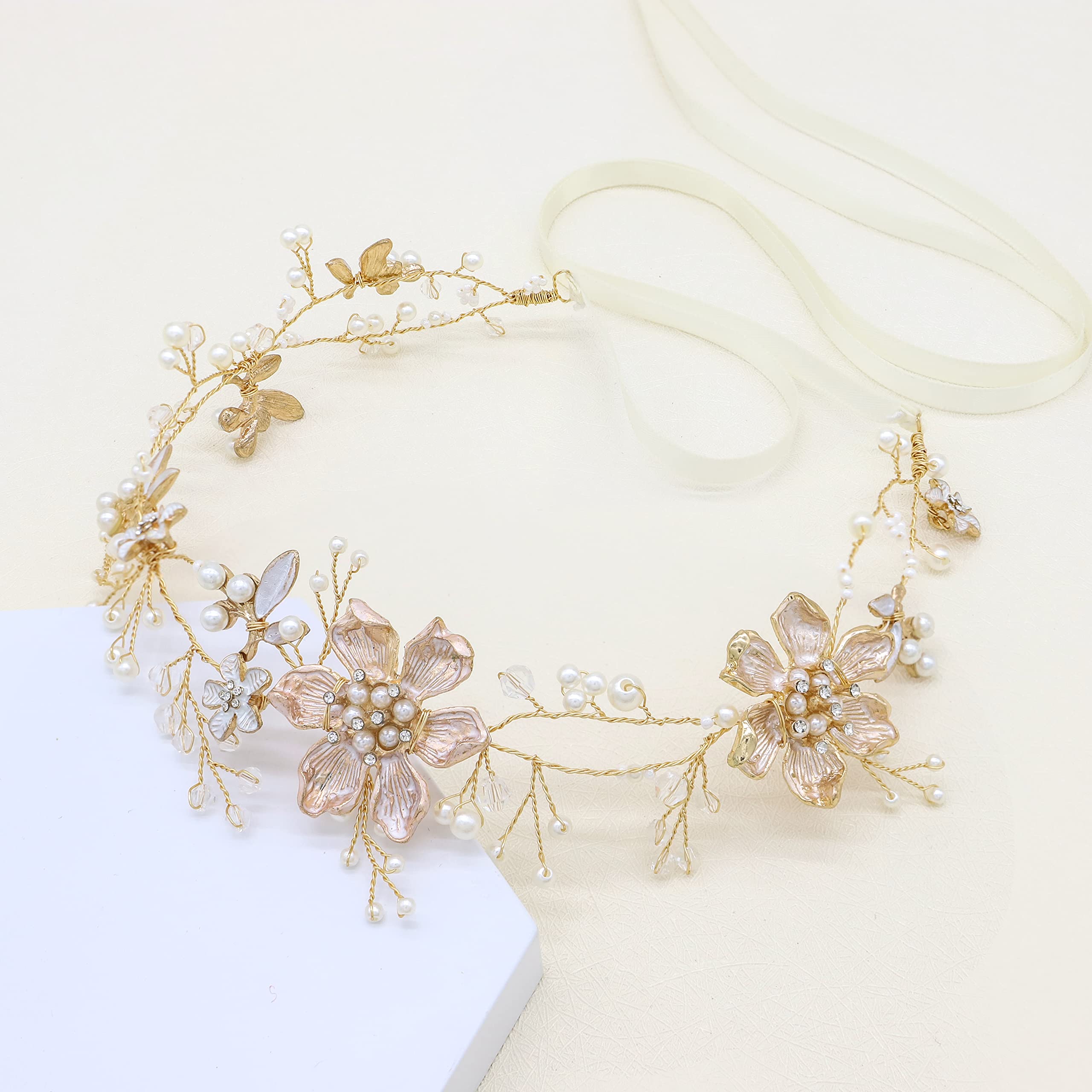Oriamour Gold Floral Pearl Wedding Headband - Elegant Bridal Hair Vine for Women & Girls - Perfect for Weddings, Parties & Special Occasions