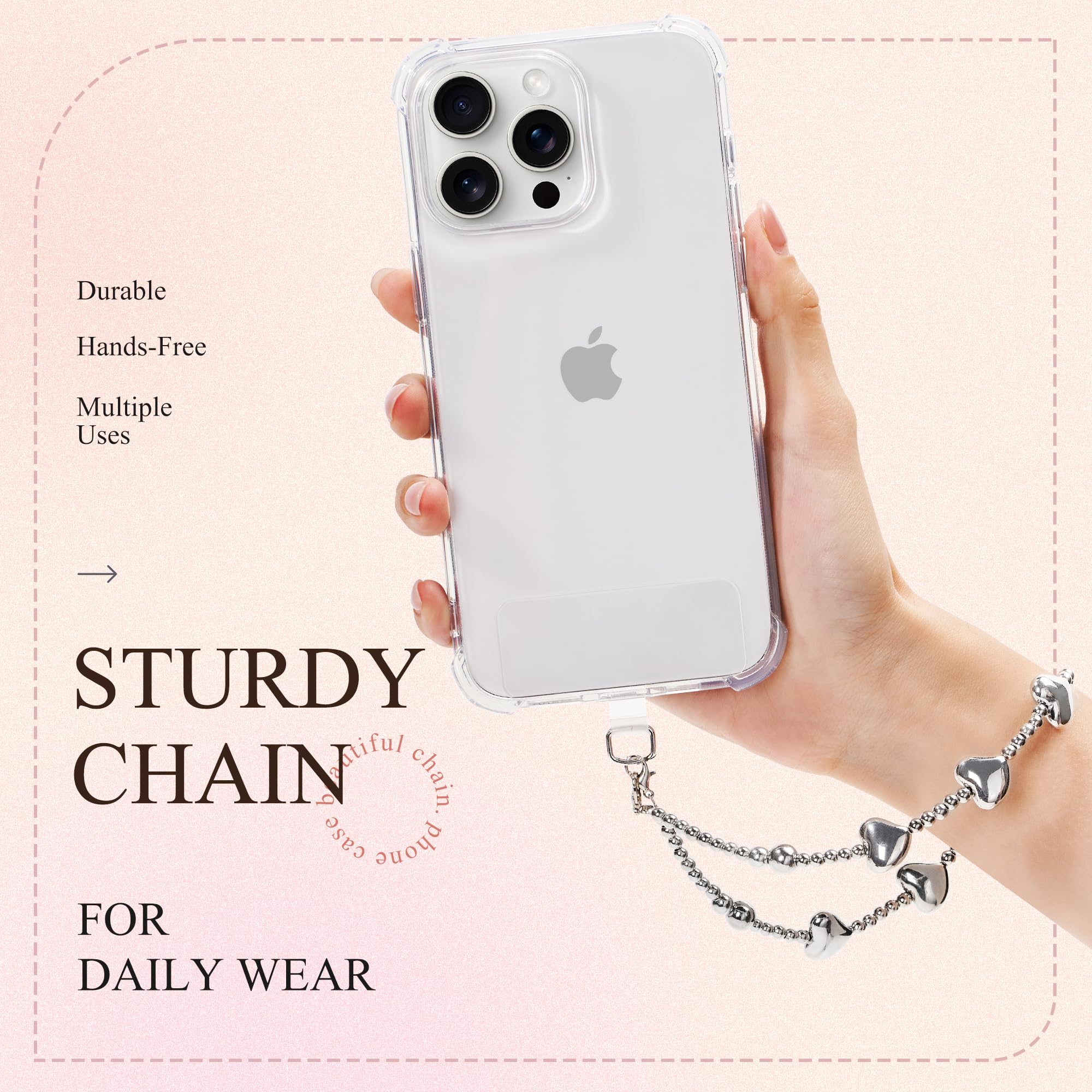 GVIEWIN Beaded Phone Lanyard with Detachable Wrist Strap - Anti-Drop Hands-Free Phone Charm for iPhone & Smartphones (Silver Love Design) - Perfect for Work, Travel, and Everyday Use