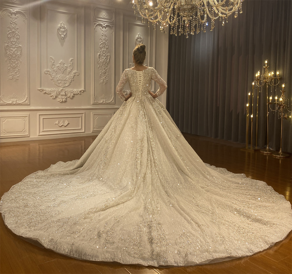 NS4369 Elegant Appliques Long Train Wedding Dress – Perfect for Bridal Gowns, Formal Events & Special Occasions
