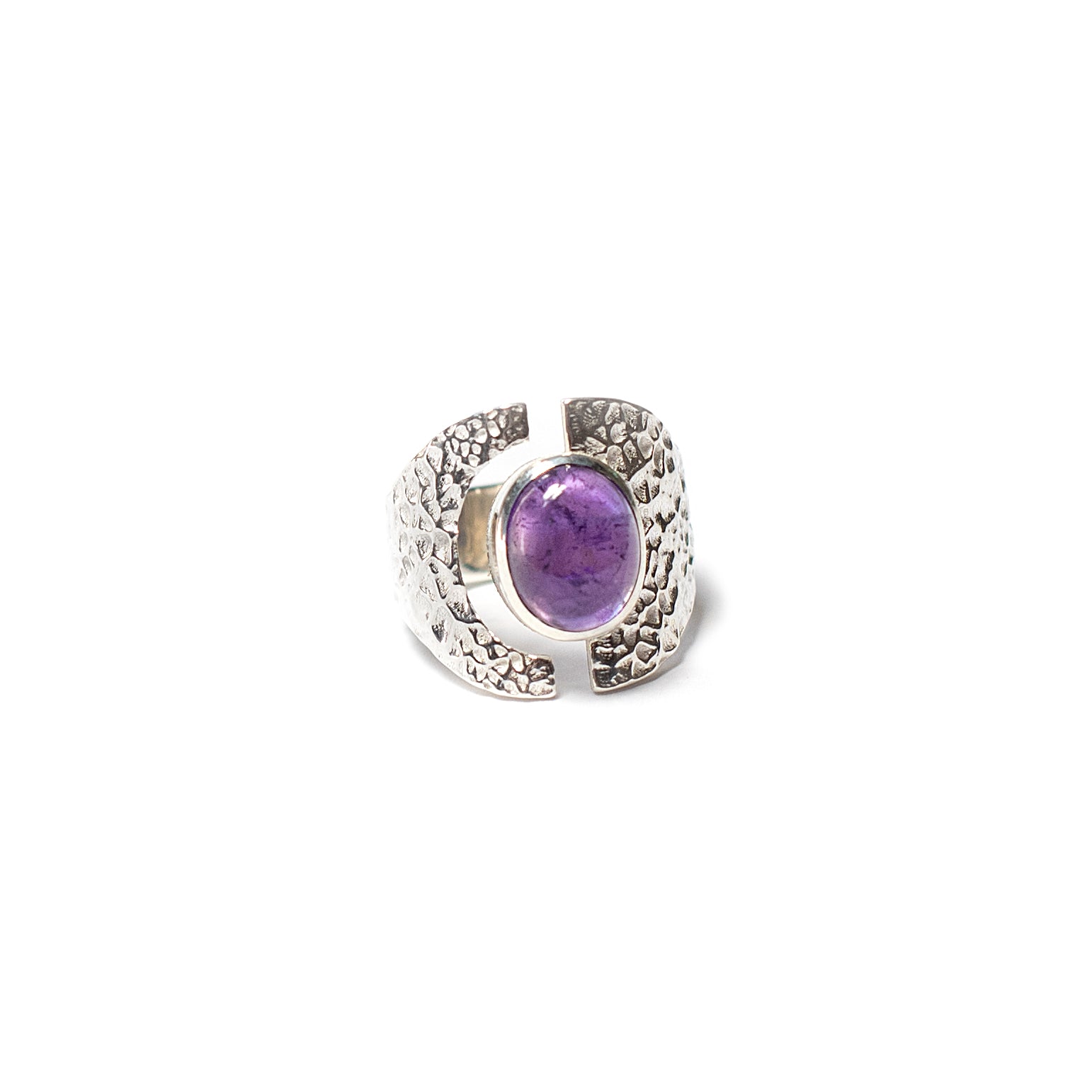 Sterling Silver Open Oval Amethyst Cabochon Ring for Women - Elegant Purple Gemstone Jewelry for Everyday Wear & Special Occasions