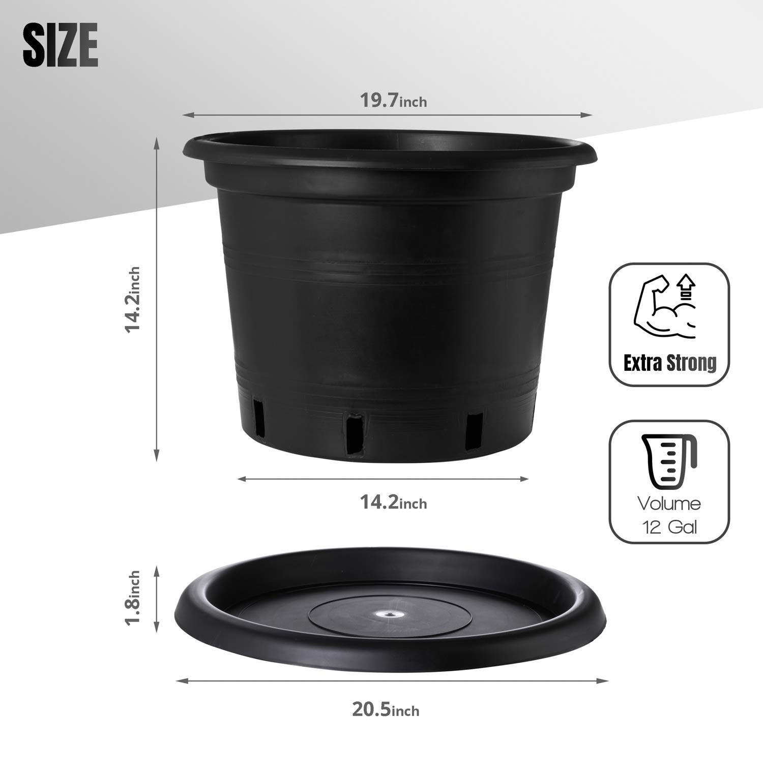 5-Pack Black 12 Gallon Plastic Plant Pots with Saucers - Heavy Duty Nursery Pots with Drainage Holes for Indoor/Outdoor Plants - Perfect for Houseplants, Flowers, Vegetables & Herb Gardening