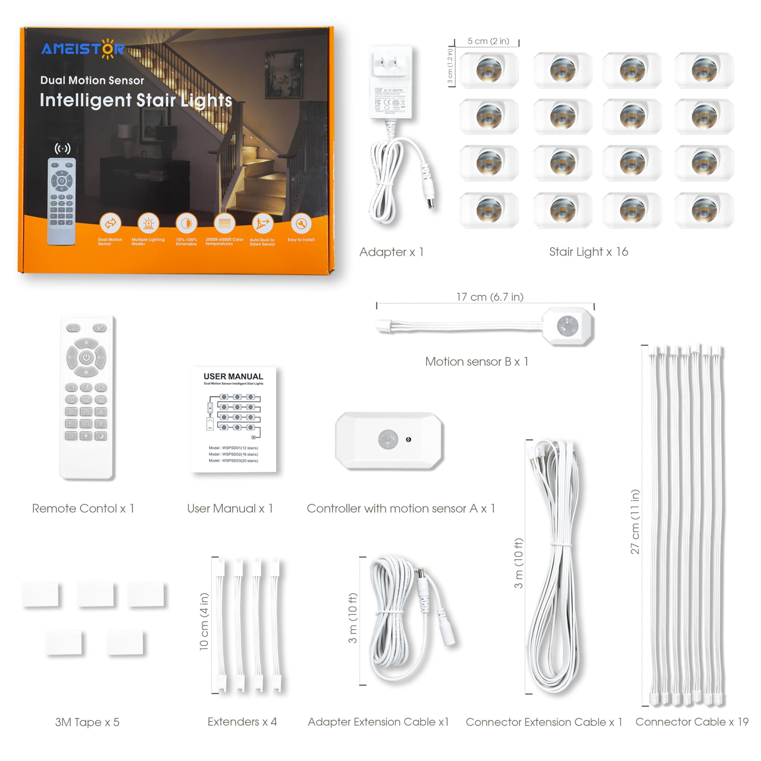 Smart Motion Sensor Stair Lights - Plug-in Indoor Stairway Lighting with Cascading Effect, Dimmable 3000K-6000K Warm to Cool White (16 Steps) - Perfect for Hallways, Bedrooms, and Safe Nighttime Navigation