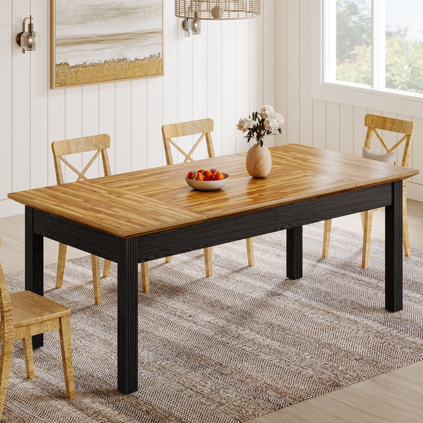 62 Inch Farmhouse Dining Table - Solid Wood Rectangular Kitchen Table for 4-6 People | Perfect for Family Meals, Dinner Parties & Farmhouse Style Decor