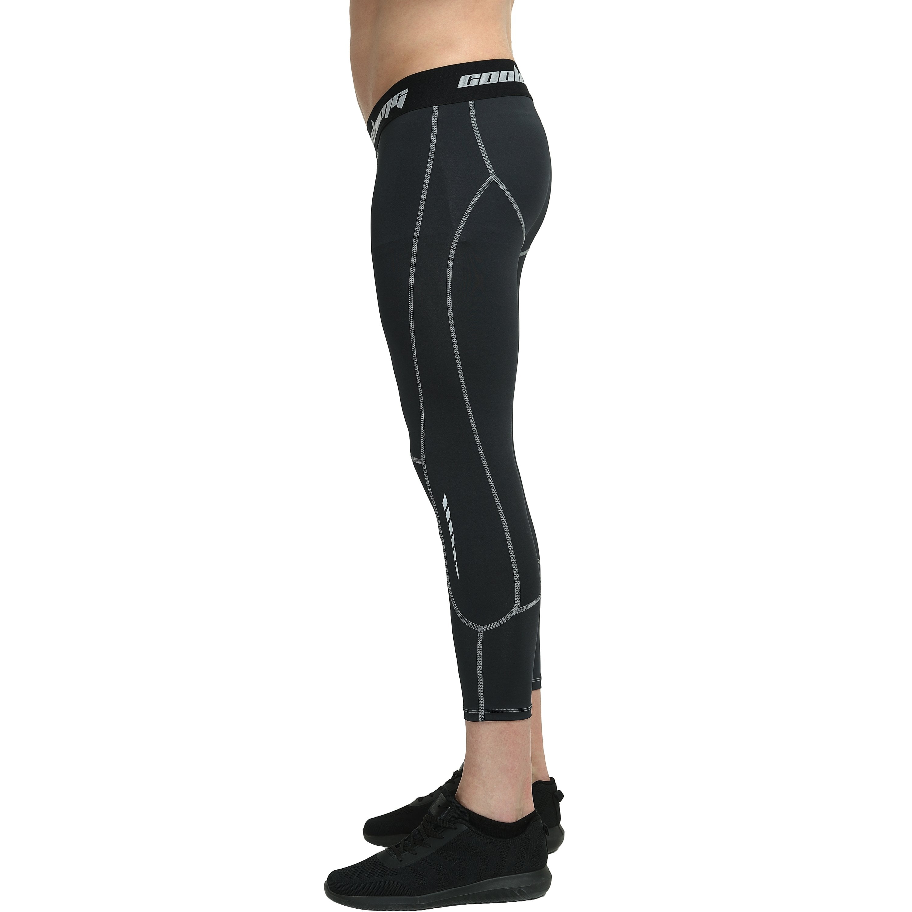 Black Compression 3/4 Tights Pants for Youth & Men - Athletic Workout, Running & Gym Performance Wear
