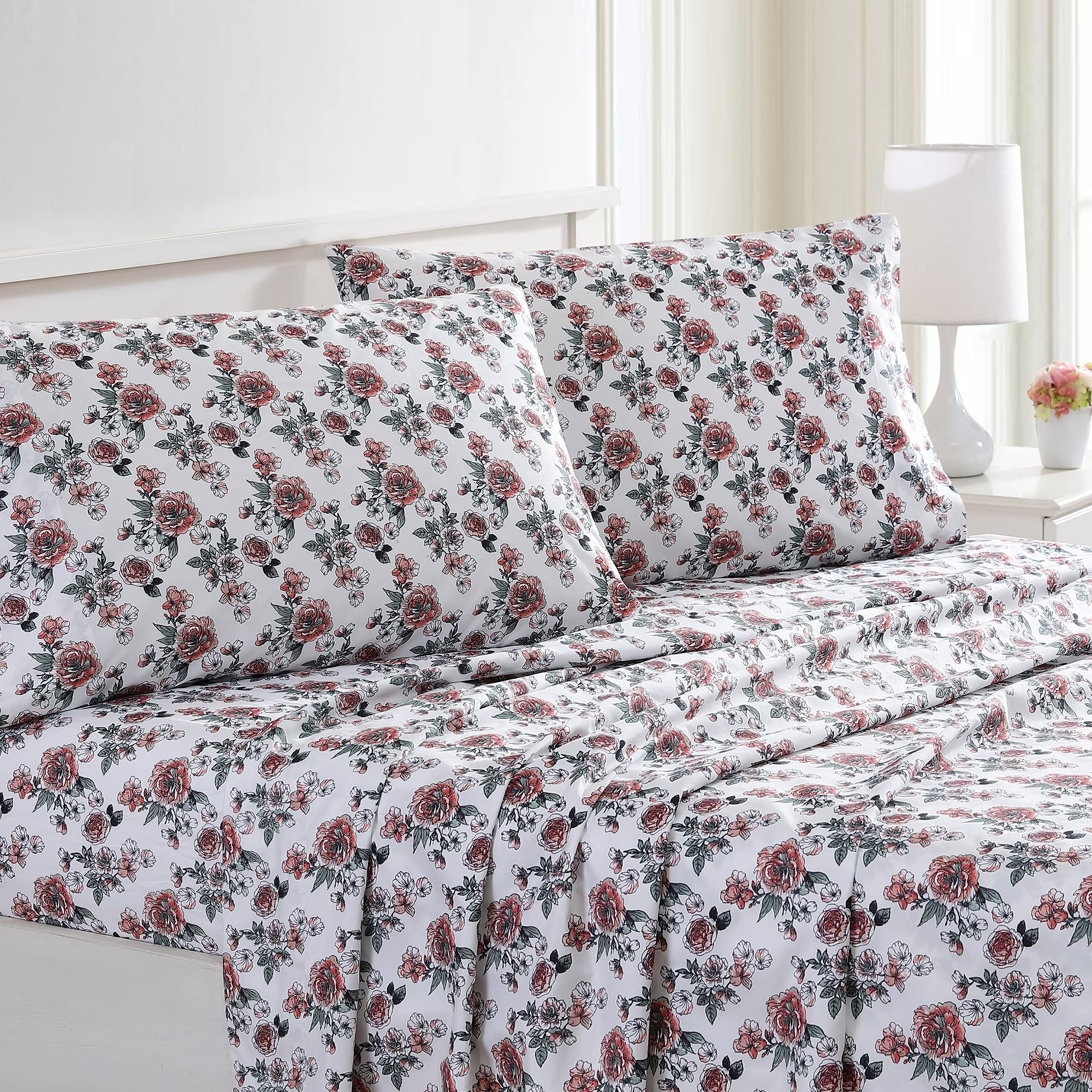 Modern Threads Printed 3-Piece Extra Soft Bed Sheet Set with Pillowcases - Deep Pocket Fits Mattress up to 16 Inches, Rose Bloom Design for Twin Size | Perfect for Cozy Bedrooms, Guest Rooms & Dorm Rooms