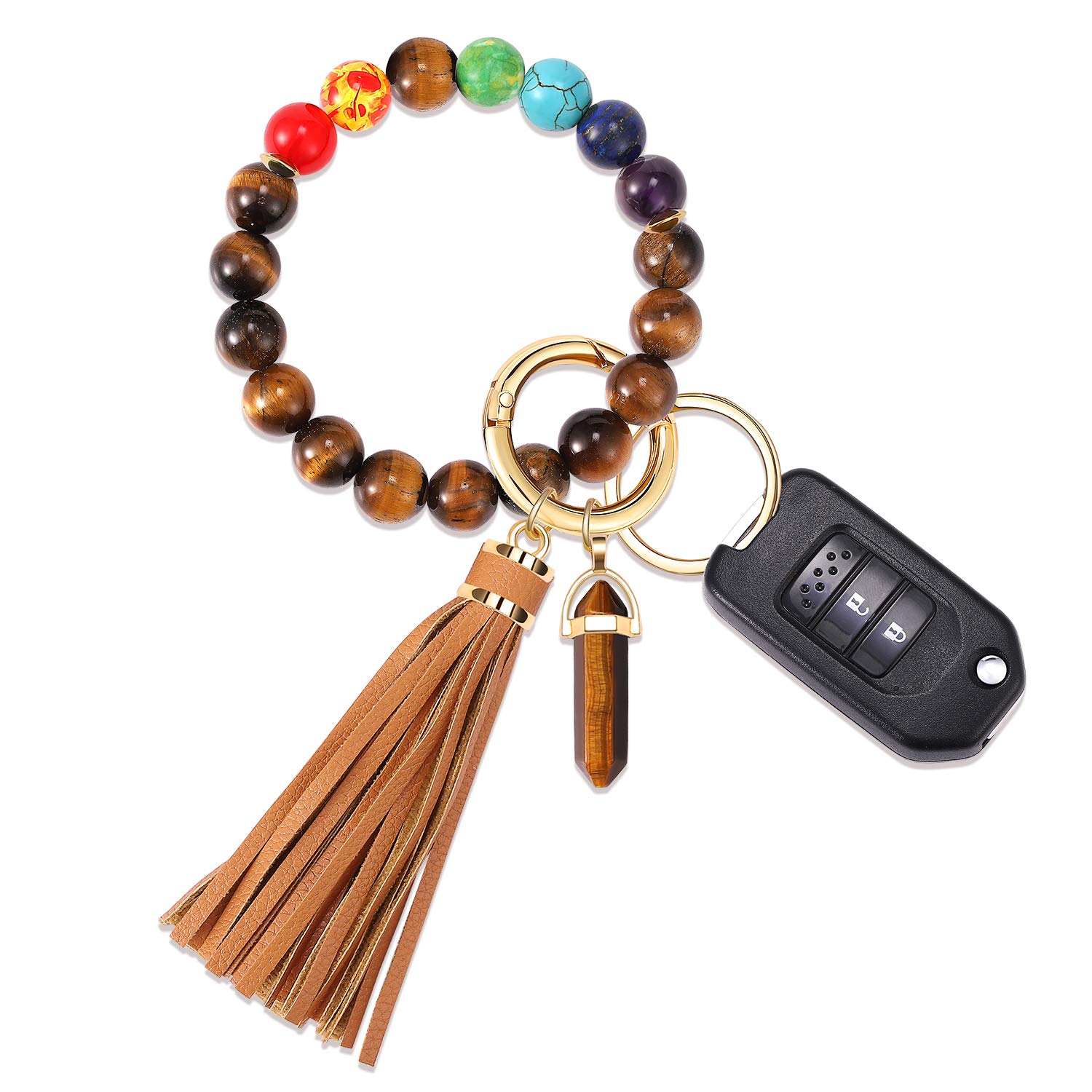 MOLOCH Stone Beaded Keychain Bracelet for Women - Stylish Tassel Wrist Key Holder with Carabiner Clip | Perfect Gift for Her, Boho Jewelry Accessory for Daily Use, Travel & Car Keys Organization