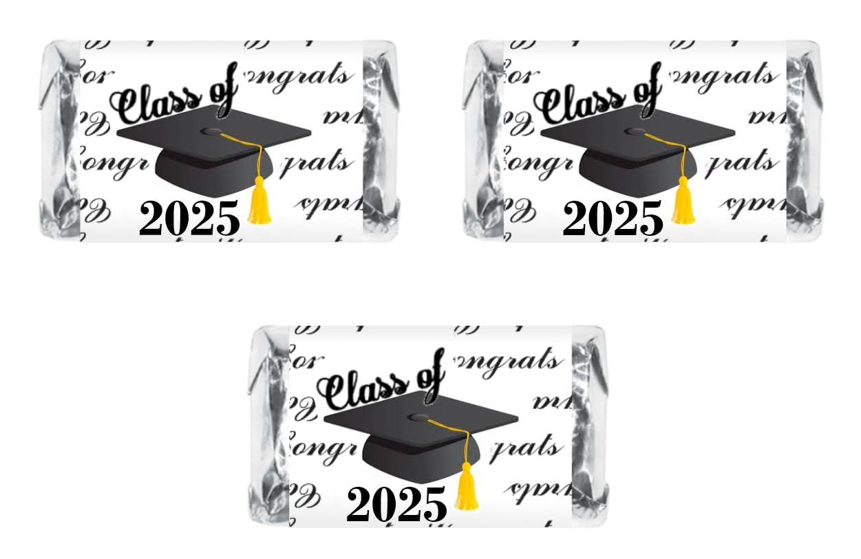 60pcs Class of 2025 Graduation Cap Mini Candy Bar Wrappers - Black Chocolate Bar Stickers & Labels (Candy Not Included) | USA Made | Perfect for Graduation Parties, School Events & Celebration Favors