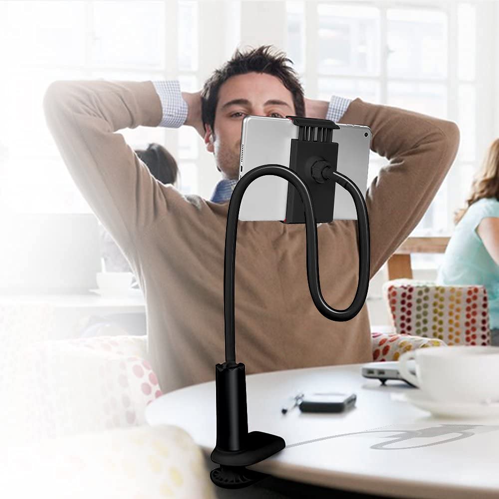 Adjustable Gooseneck Tablet Holder Stand for Phones & Tablets 4-11 Inches - Long Arm Bed Desk Mount for Reading, Watching Videos & Hands-Free Use (Black)