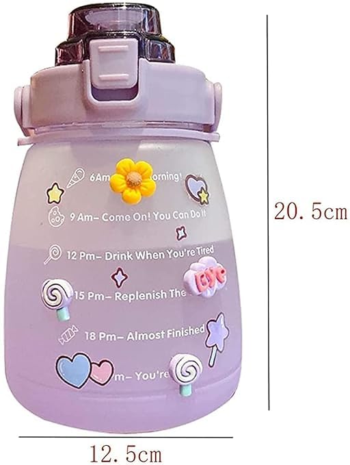 1500ML Motivational Water Bottle with Straw & Shoulder Strap - Kawaii Gym Bottle for Sports, Fitness, School, Camping & Travel - Cute Purple Belly Jug for Hydration On The Go