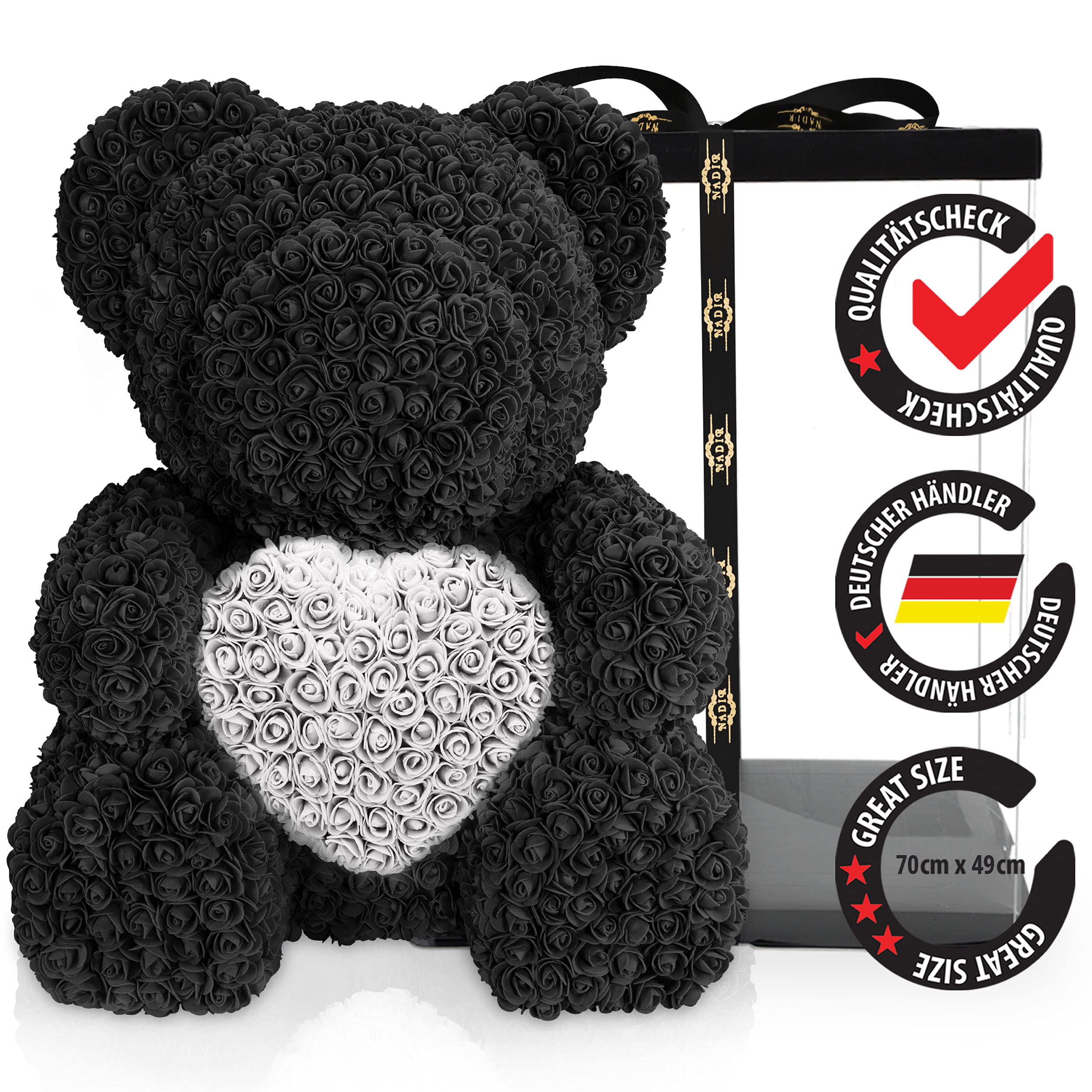 NADIR Black Rose Bear with Heart - 70cm Luxury Floral Teddy Bear in Gift Box for Valentine's Day, Mother's Day, Birthday & Anniversary - Romantic Home Decor & Special Occasion Gift