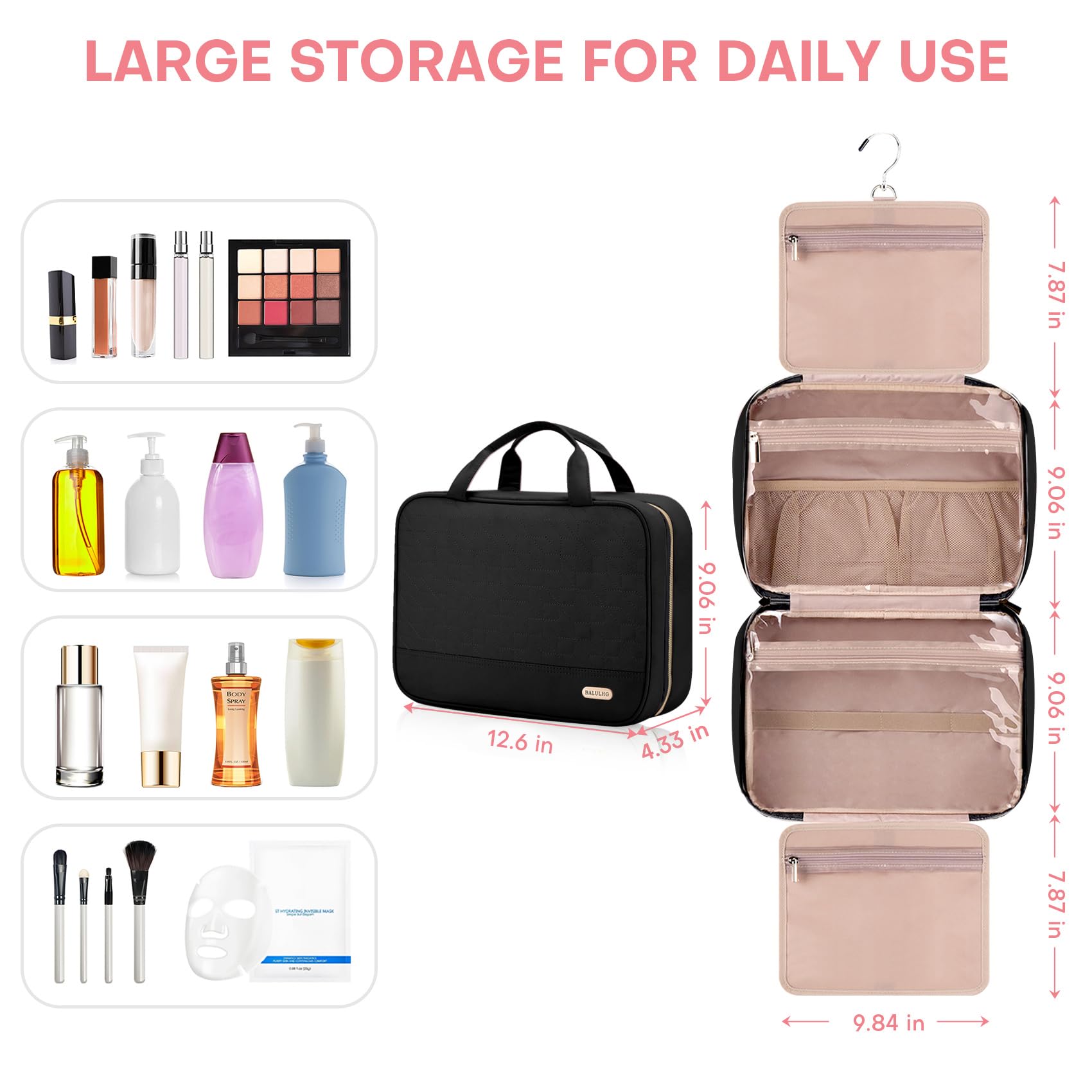 Waterproof Hanging Travel Toiletry Bag for Women - Large Black Cosmetic Organizer with Hook | Perfect for Makeup, Toiletries & Travel Essentials | Ideal for Vacations, Business Trips & Gym Use