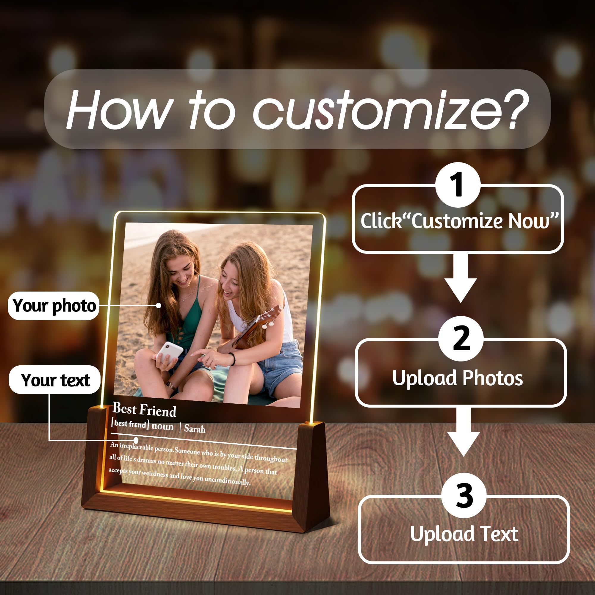 **Personalized Best Friend Birthday Gifts for Women - Custom Acrylic Night Light Picture Frame - Unique Long Distance Soul Sister Besties Christmas Gifts (Perfect for Home Decor, Bedroom, Office & Special Occasions)**