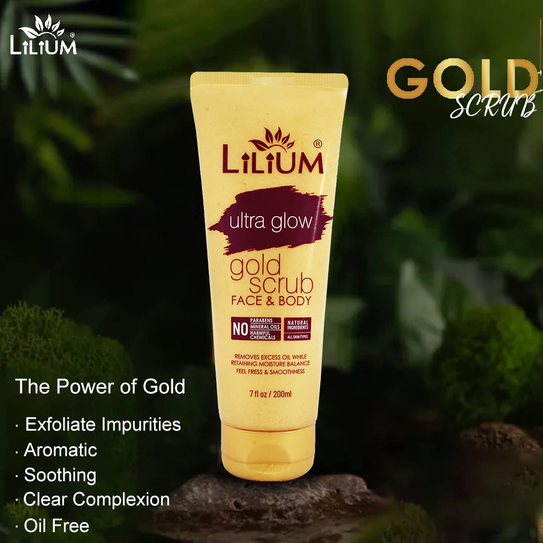 Lilium Gold Face & Body Scrub 200ml - Natural Exfoliator for Glowing Skin, Fresh & Smooth Feel, Paraben-Free & Chemical-Free - Pack of 2 - Perfect for Daily Skincare Routine & Spa Treatments