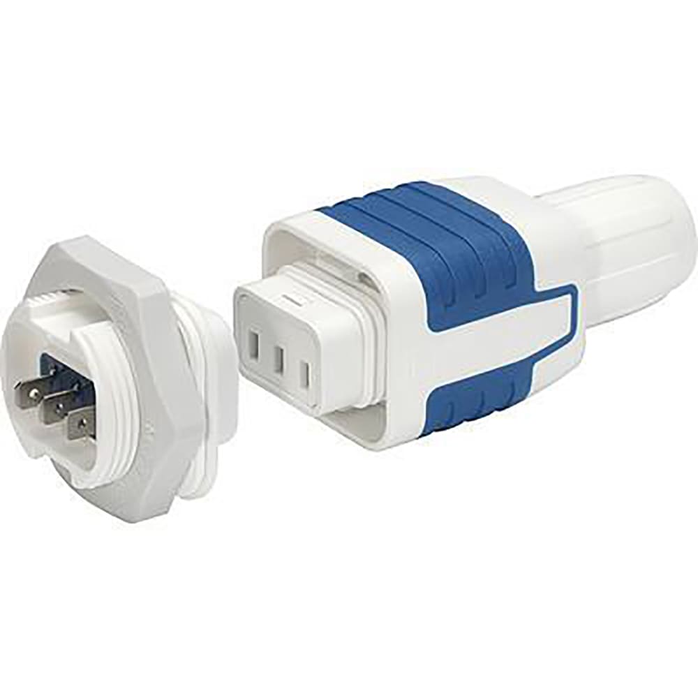 IP67 Waterproof IEC Appliance Plug Set - 7 Socket S15 with Screw Mounting & Rewireable Plug - Quick Connect Terminals (4.8x0.8mm) - White/Blue - Ideal for Outdoor Equipment, Marine Use & Industrial Applications