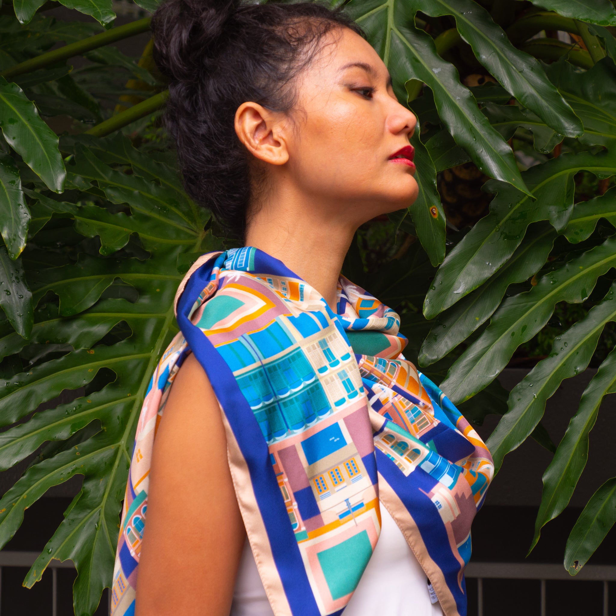 Premium Silk Scarf for Women - Luxury Singapore Shophouses Design - Elegant Fashion Accessory for Office, Wedding & Special Occasions