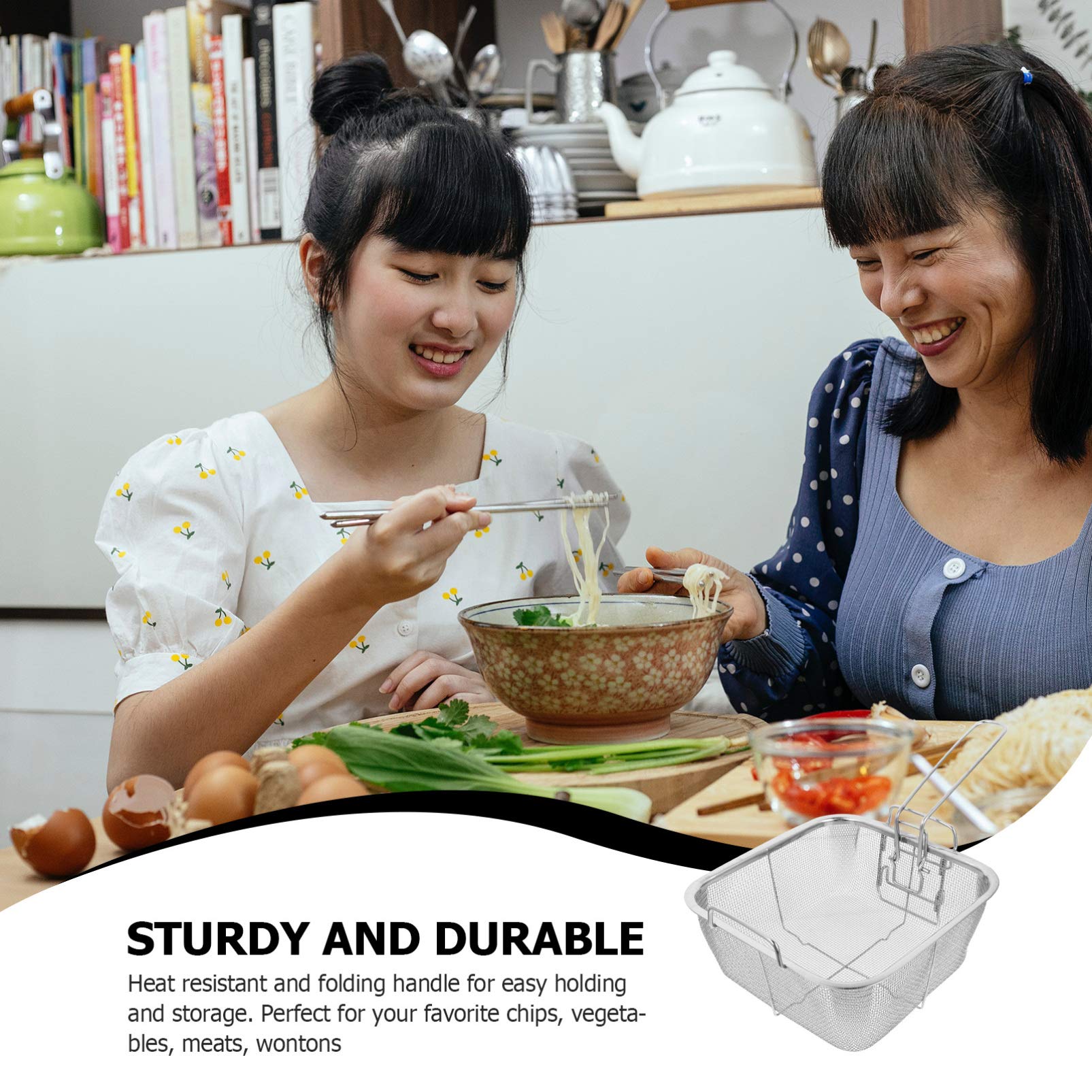 DOITOOL Stainless Steel Deep Fry Basket - Round Wire Mesh French Fry Basket with Folding Handle for Kitchen, Perfect for Frying Chips, Chicken Wings, and Donuts - Ideal for Home Cooking and Restaurant Use