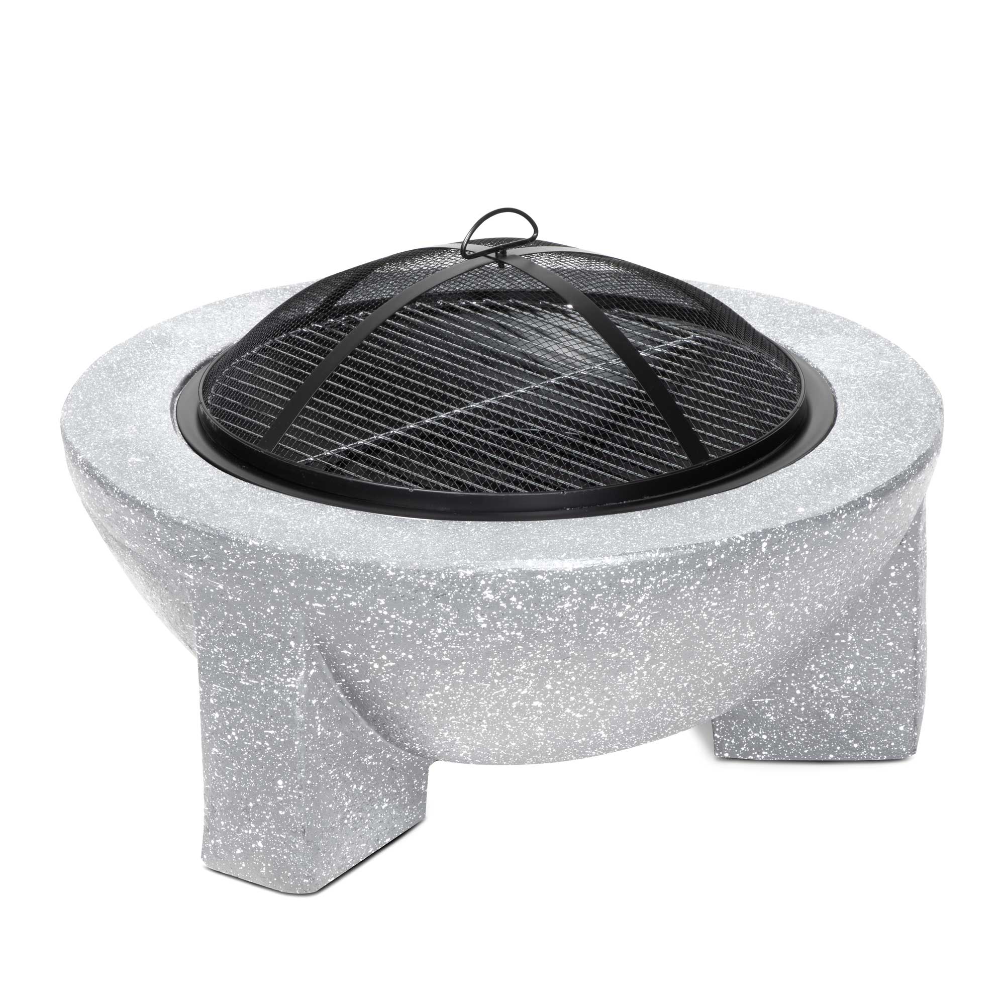 Round MgO Fire Pit with BBQ Grill, 75cm Diameter, Safety Mesh Screen, Light Grey - Perfect for Backyard Camping, Patio Gatherings & Outdoor Cooking