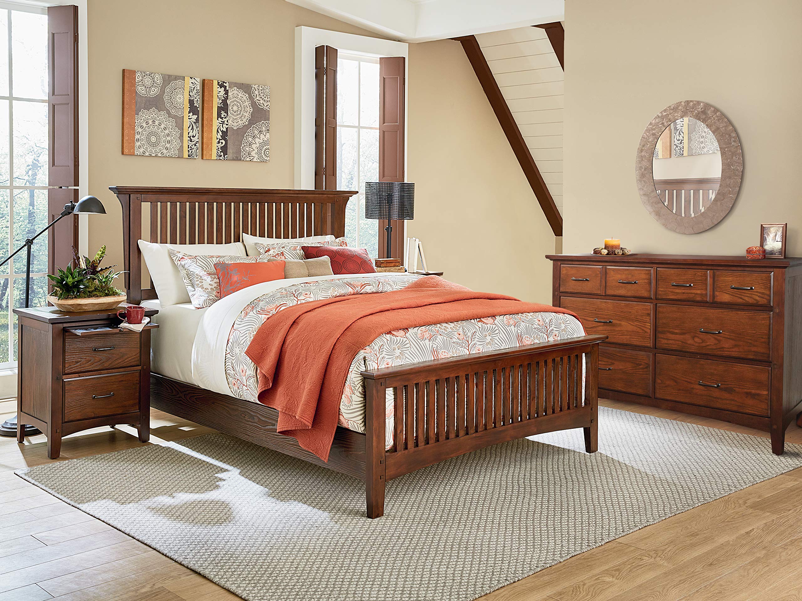 Modern Mission King Bedroom Set with 2 Nightstands & Dresser - Vintage Oak Finish | Bassett OSP Inspired Furniture | Perfect for Master Bedroom, Guest Room & Home Decor