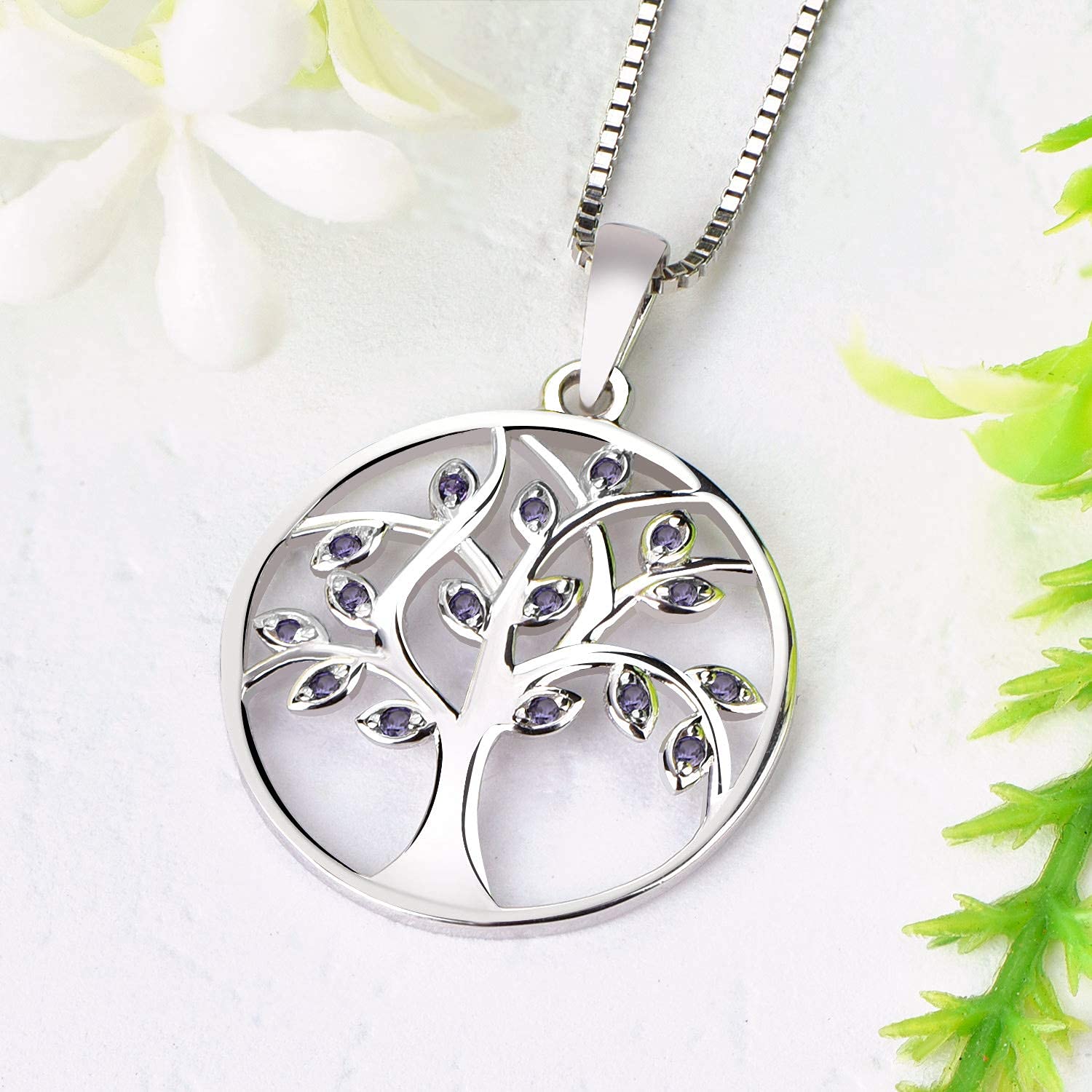 YL Tree of Life Pendant Necklace & 925 Sterling Silver Tanzanite Dangle Earrings Set - Round Family Jewelry Gift for Women | Perfect for Anniversaries, Birthdays, and Special Occasions