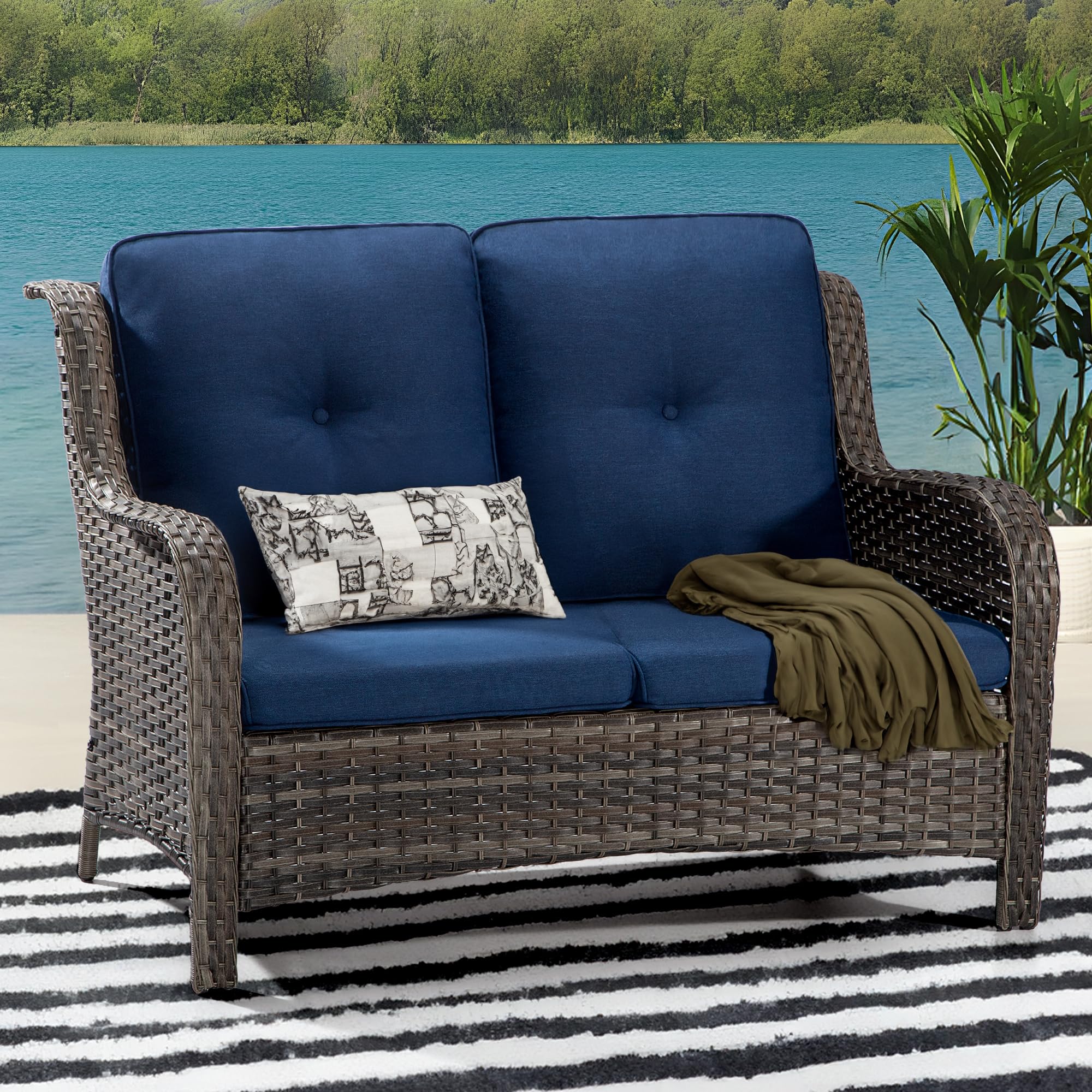 2-Seat Outdoor Patio Sofa with Wicker Frame, Deep Seating & High Back - Steel Structure & Olefin Cushions in Blue - Perfect for Garden, Deck, Poolside or Backyard Relaxation