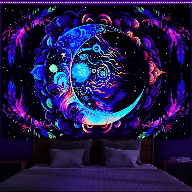 Moon Mandala Glow in the Dark Tapestry - UV Reactive Wall Art Decor for Bedroom, Yoga Studio & Meditation Space