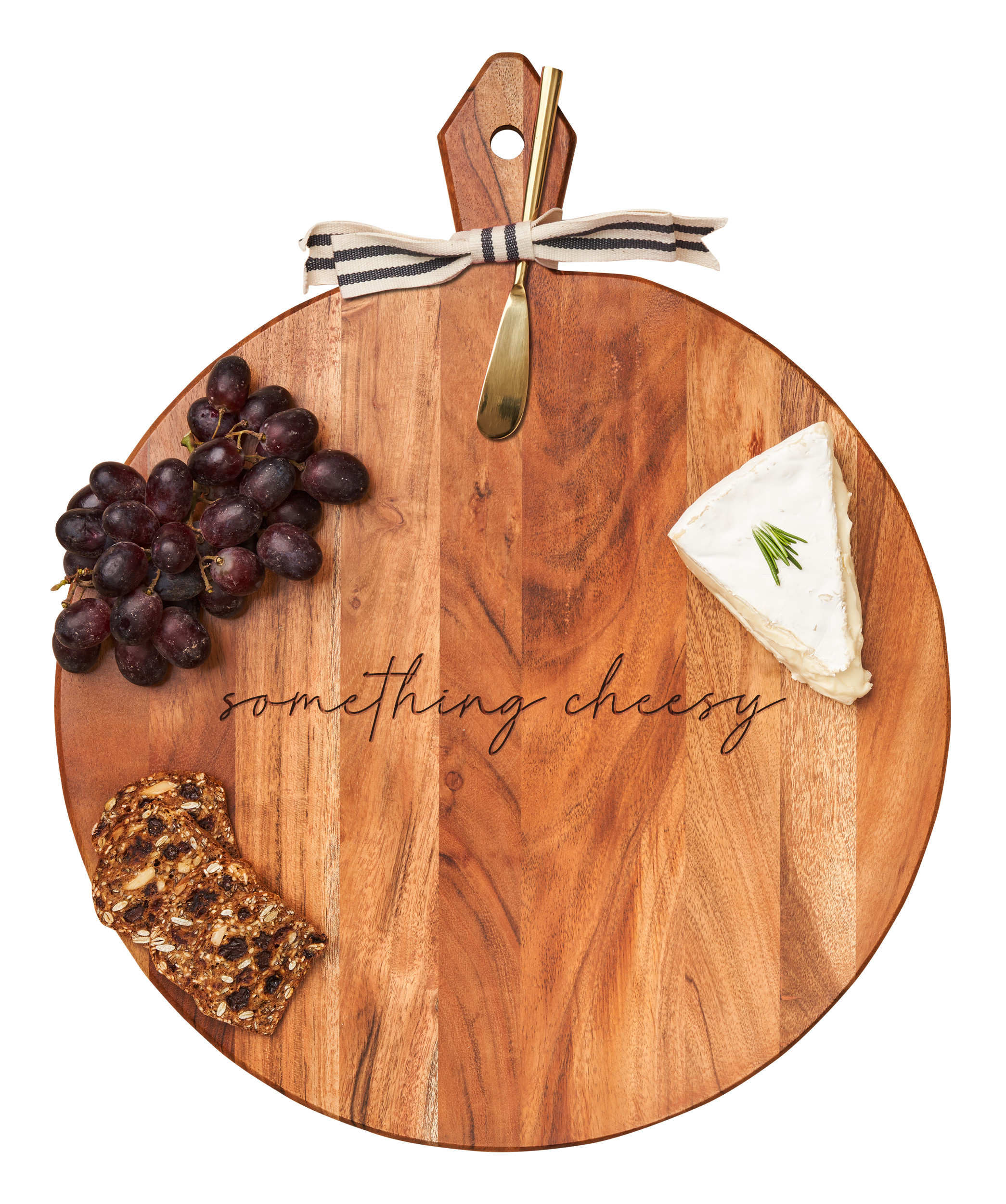 Acacia Wood Heirloom Cheese Board with Handle - Round Charcuterie Tray with Gold Spreader & Gray White Ribbon - 20 x 16 x 0.6 Inches - Perfect for Wine Parties, Bridal Showers & Gourmet Entertaining