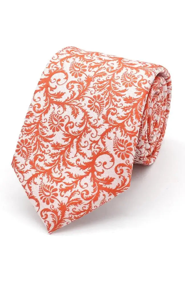 L.A. Smith Burnt Orange Wedding Floral Paisley Tie and Pocket Square Set - Perfect for Weddings, Prom, and Formal Events