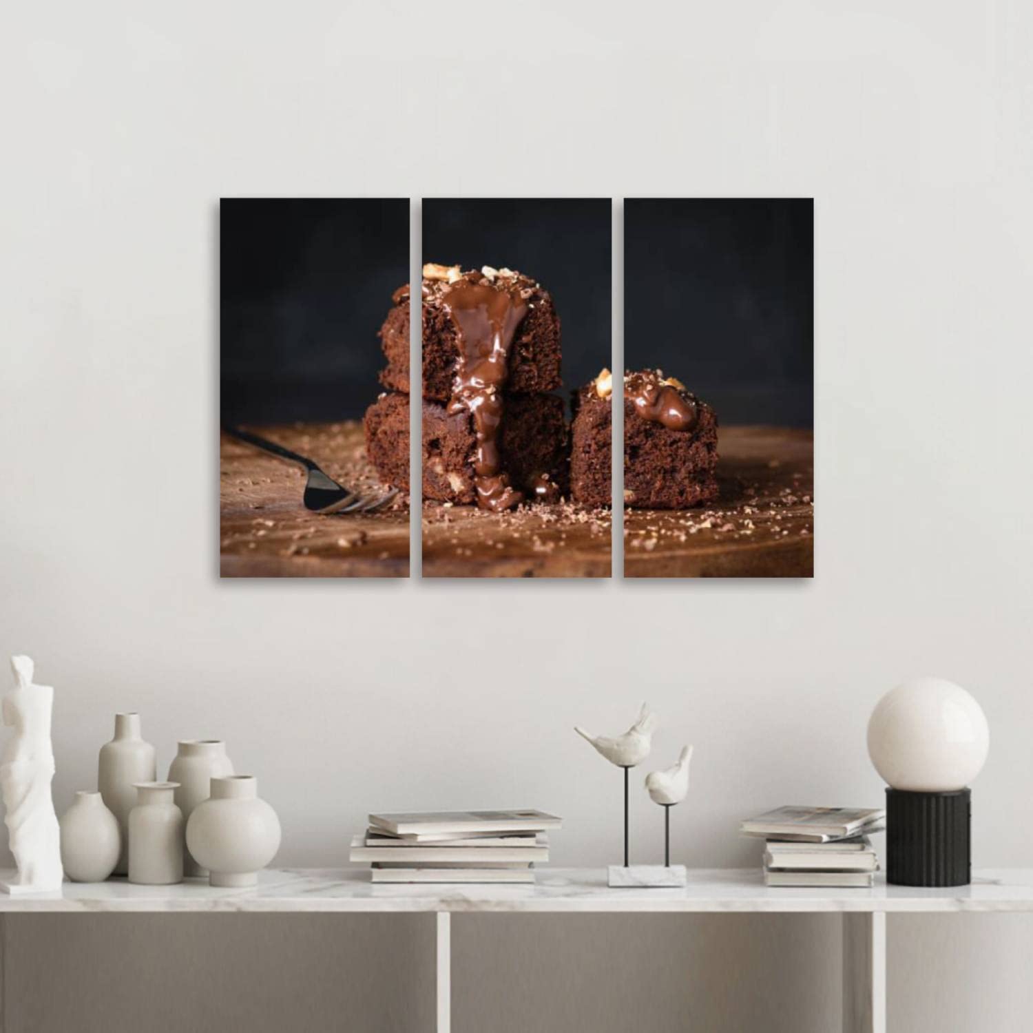 Chocolate Brownies with Walnuts & Glaze Canvas Wall Art - 3 Piece Framed Modern Painting for Living Room & Bedroom Decor | Ready to Hang | Perfect for Kitchen, Dining Room & Cafe Wall Decor