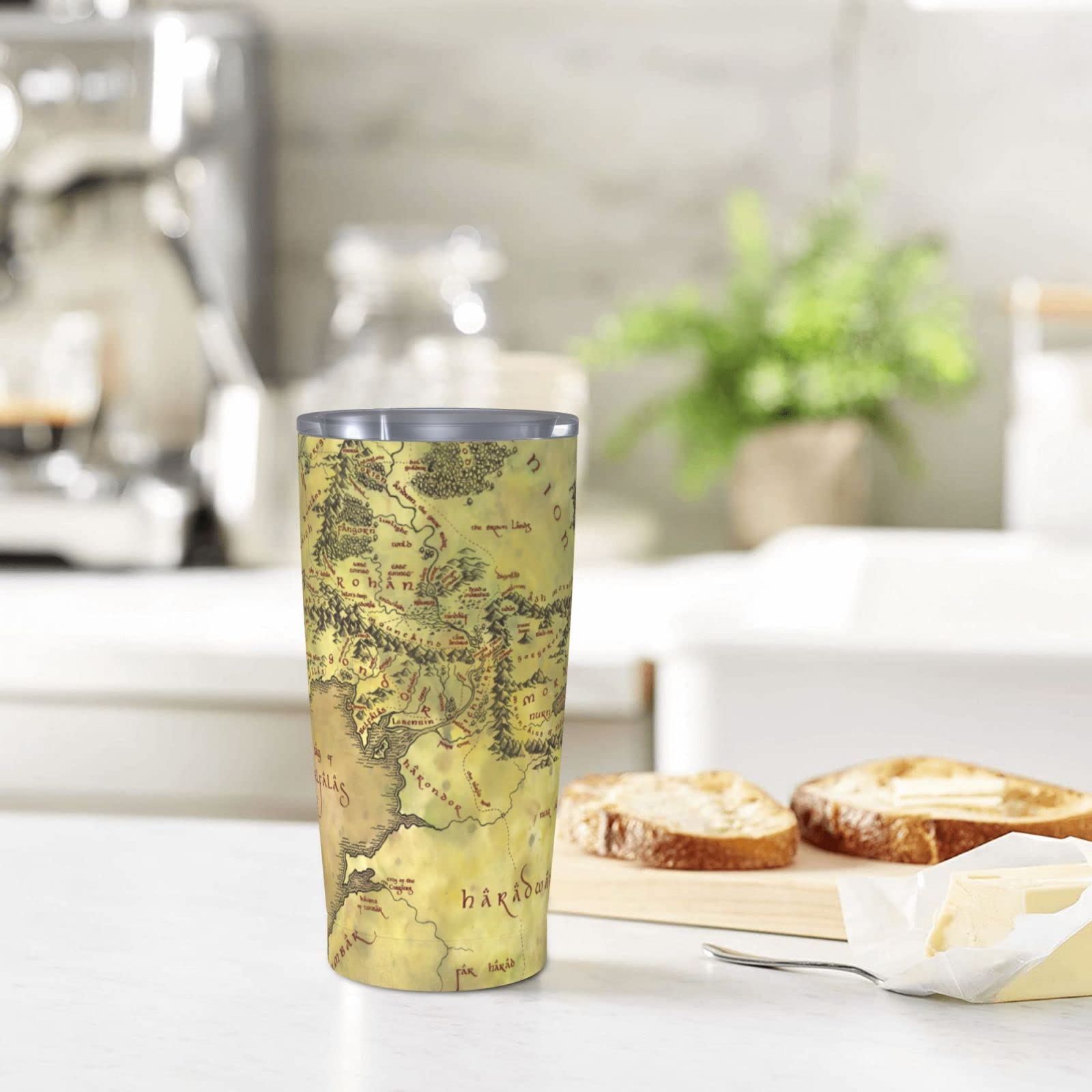 Middle Earth Map Stainless Steel Skinny Tumbler 20oz - Double Wall Insulated Travel Mug with Splash Proof Lid, Straw & Cleaning Brush - Perfect for Coffee, Tea & Cold Drinks at Home, Office or Outdoor Adventures