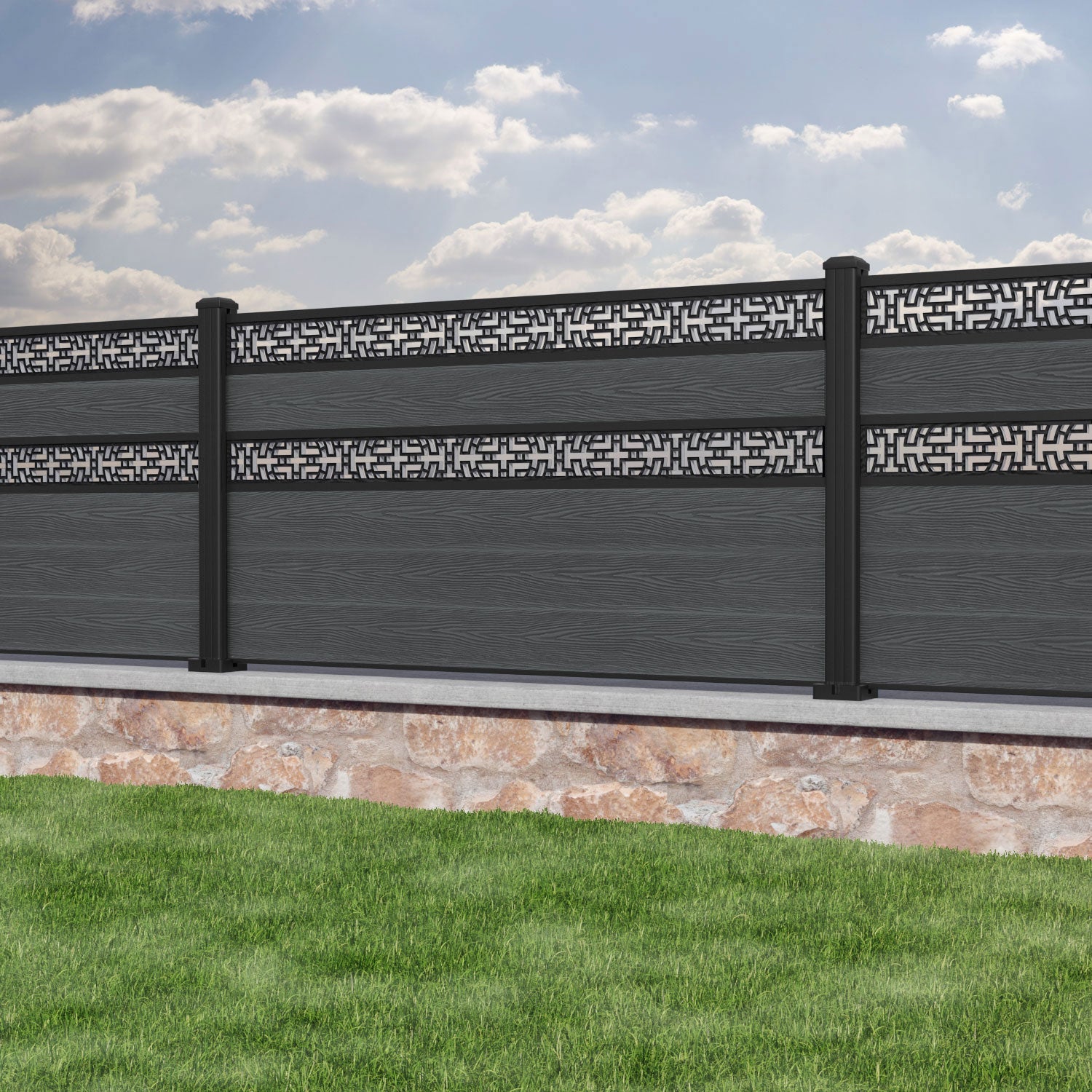 Classic Kumo Split Screen Fence Panel - Dark Grey Aluminum Privacy Fence with Sturdy Posts | Perfect for Backyard, Garden & Patio Privacy Screening