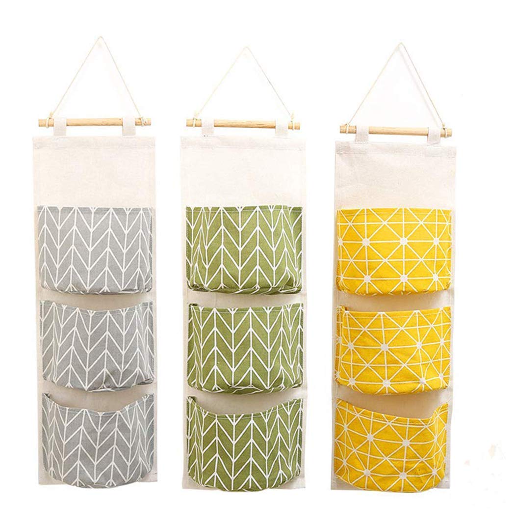 3PCS Waterproof Over The Door Hanging Storage Bags - Closet Organizer with 3 Remote-Sized Pockets for Bedroom, Bathroom, Kitchen (Yellow, Gray, Green) - Perfect for Storing Accessories, Toiletries & Small Items