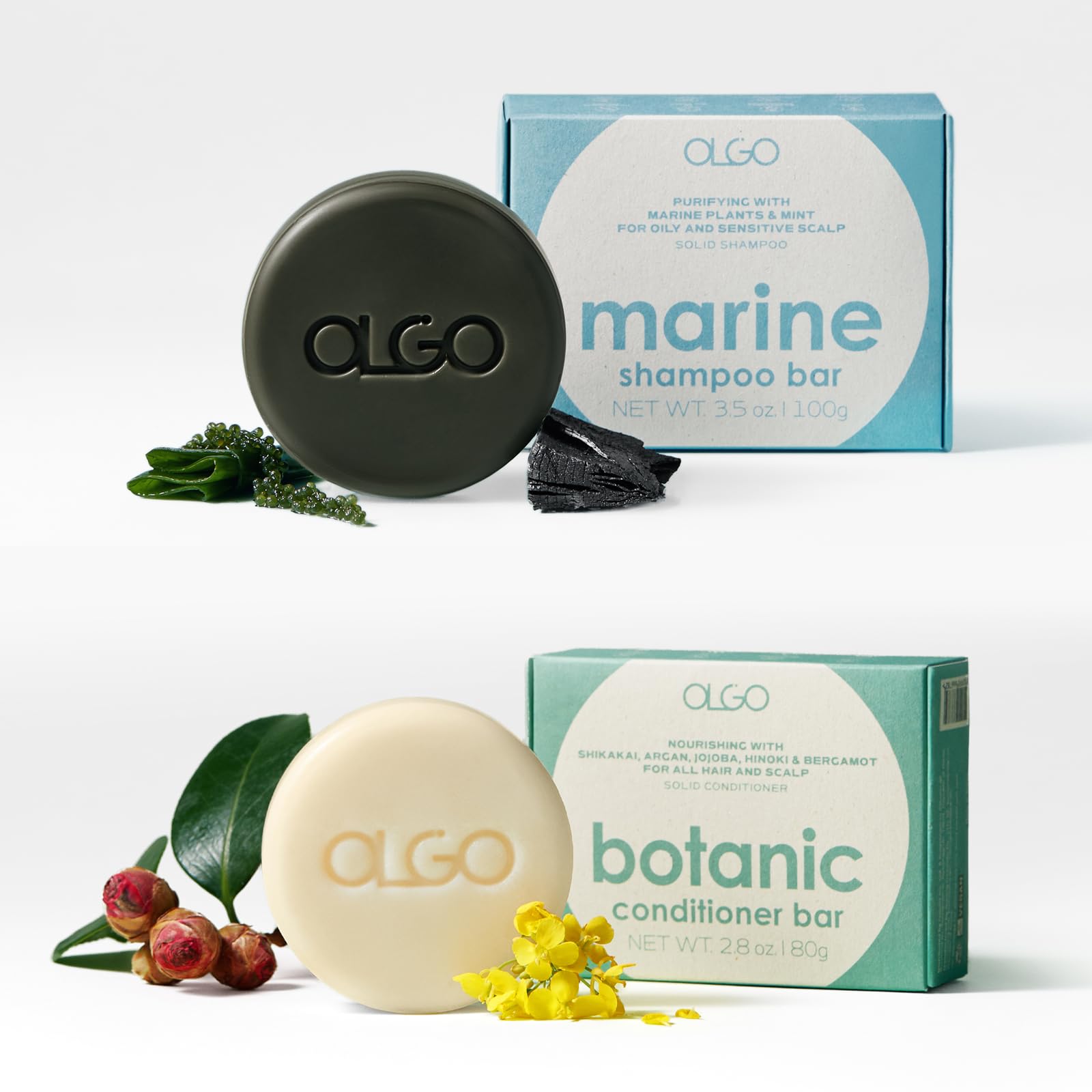 Bundle Marine Shampoo Bar 3.5oz & Botanic Conditioner Bar 2.8oz | Sulfate-Free Solid Shampoo for Normal to Oily Scalp with Cooling Effect | Natural Hair Conditioner for Healthy Nutrition | Perfect for Travel, Gym & Eco-Friendly Hair Care