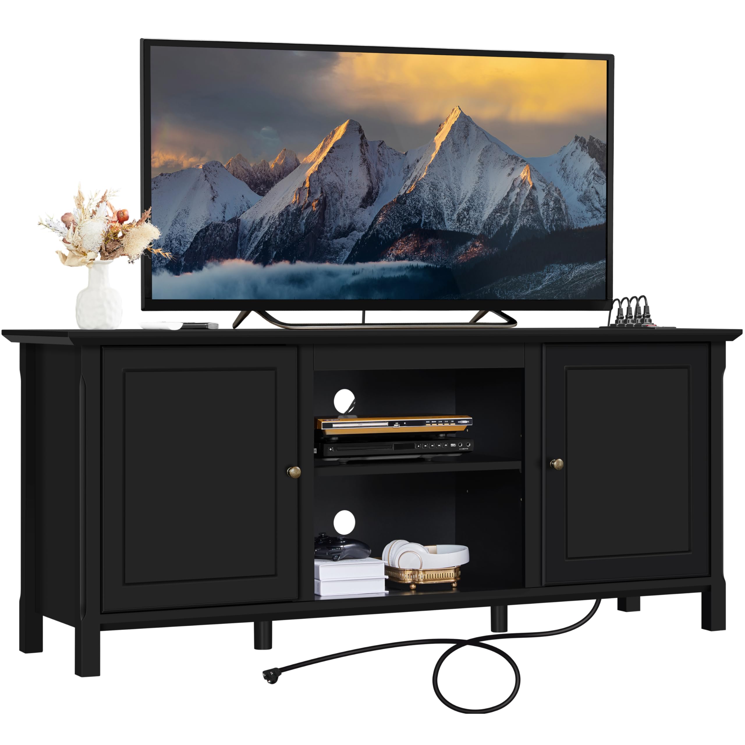Yaheetech 65 Inch TV Stand with Power Outlet - Modern Black Entertainment Center & TV Console Table for Living Room, Bedroom - Sturdy TV Cabinet with Storage Shelves for Home Theater Setup & Media Organization