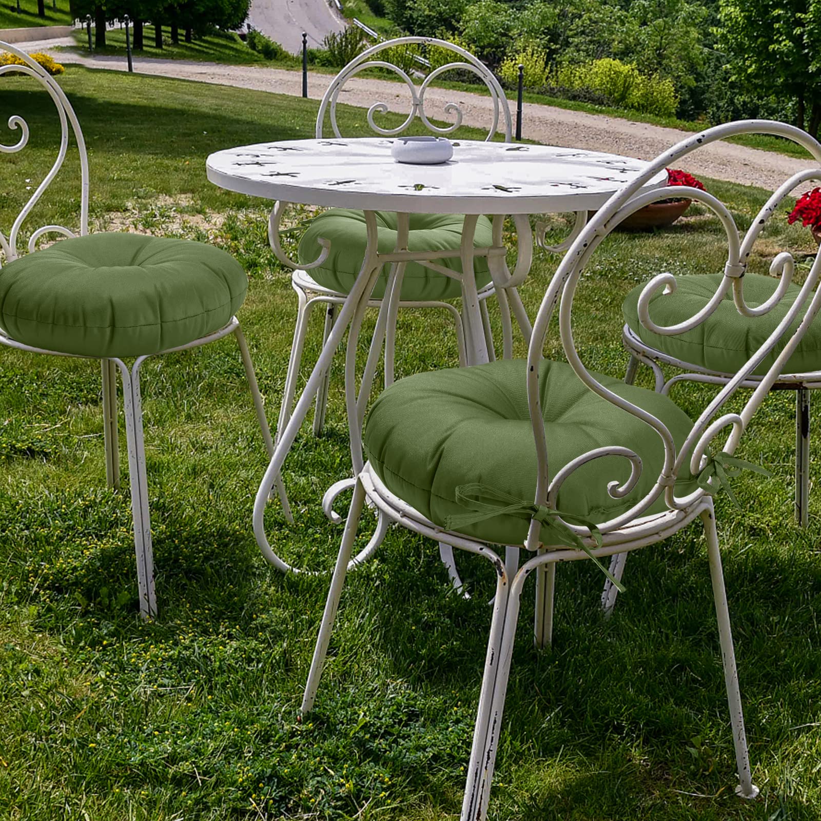 GUEGLSA 15 Inch Waterproof Outdoor Tufted Round Cushions - Set of 2 Green Bistro Chair Seat Pads 15
